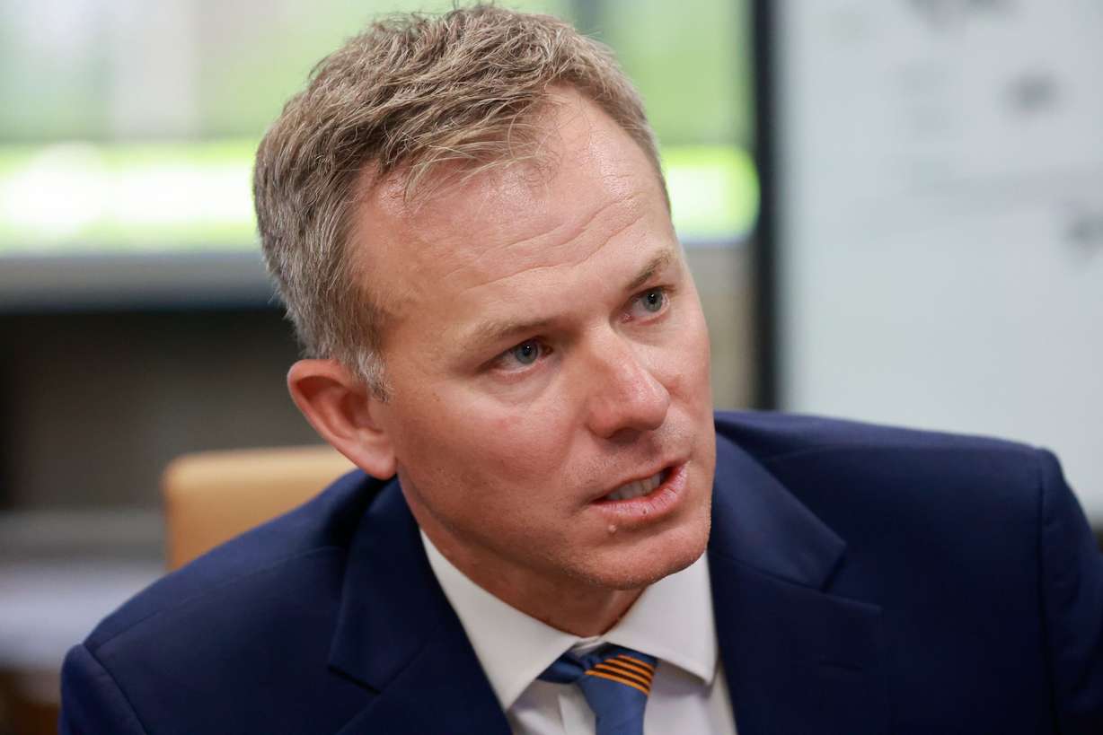Rep. Blake Moore talks with the KSL and Deseret News editorial boards at the Deseret News office in Salt Lake City on May 11. Moore defeated state Rep. Karianne Lisonbee, R-Syracuse, in his primary election on Tuesday.