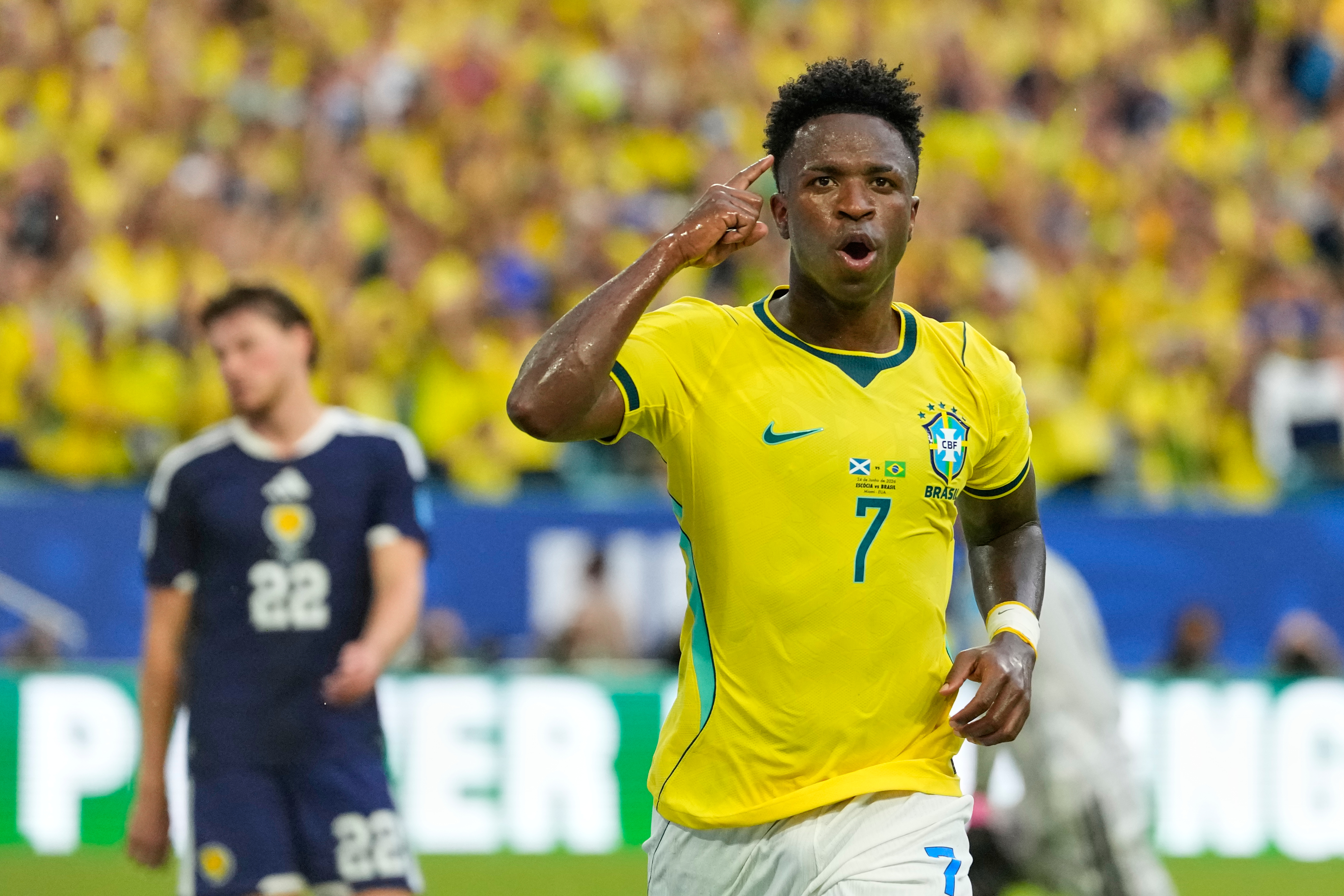 Brazil's Vinicius Junior (7) celebrates after scoring his side's second goal during the World Cup Group C soccer match between Scotland and Brazil in Miami Gardens, Fla., Wednesday, June 24, 2026.