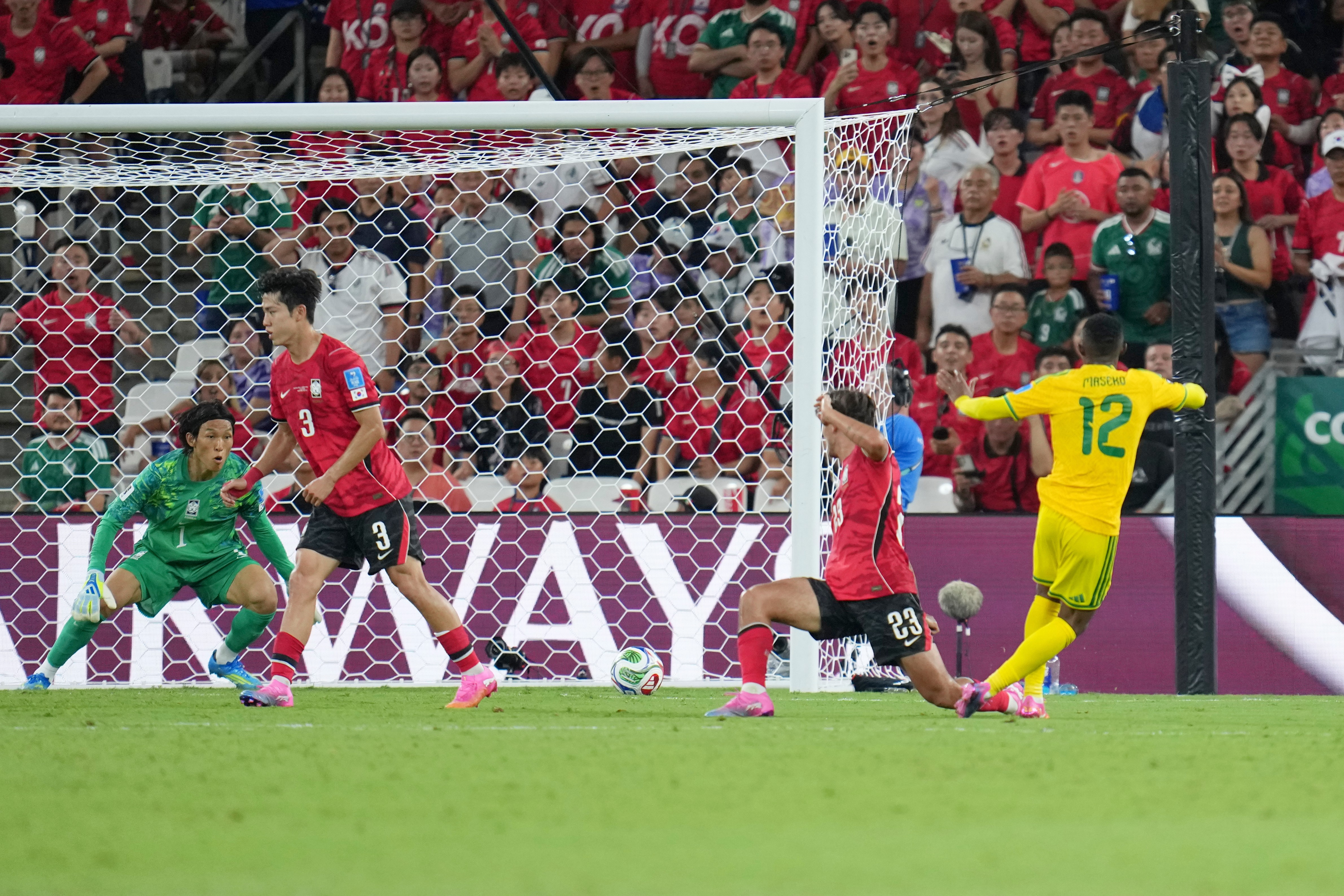 South Africa's Thapelo Maseko (12) scores the opening goal during the World Cup Group A soccer match between South Africa and South Korea in Guadalupe, near Monterrey, Mexico, Wednesday, June 24, 2026.