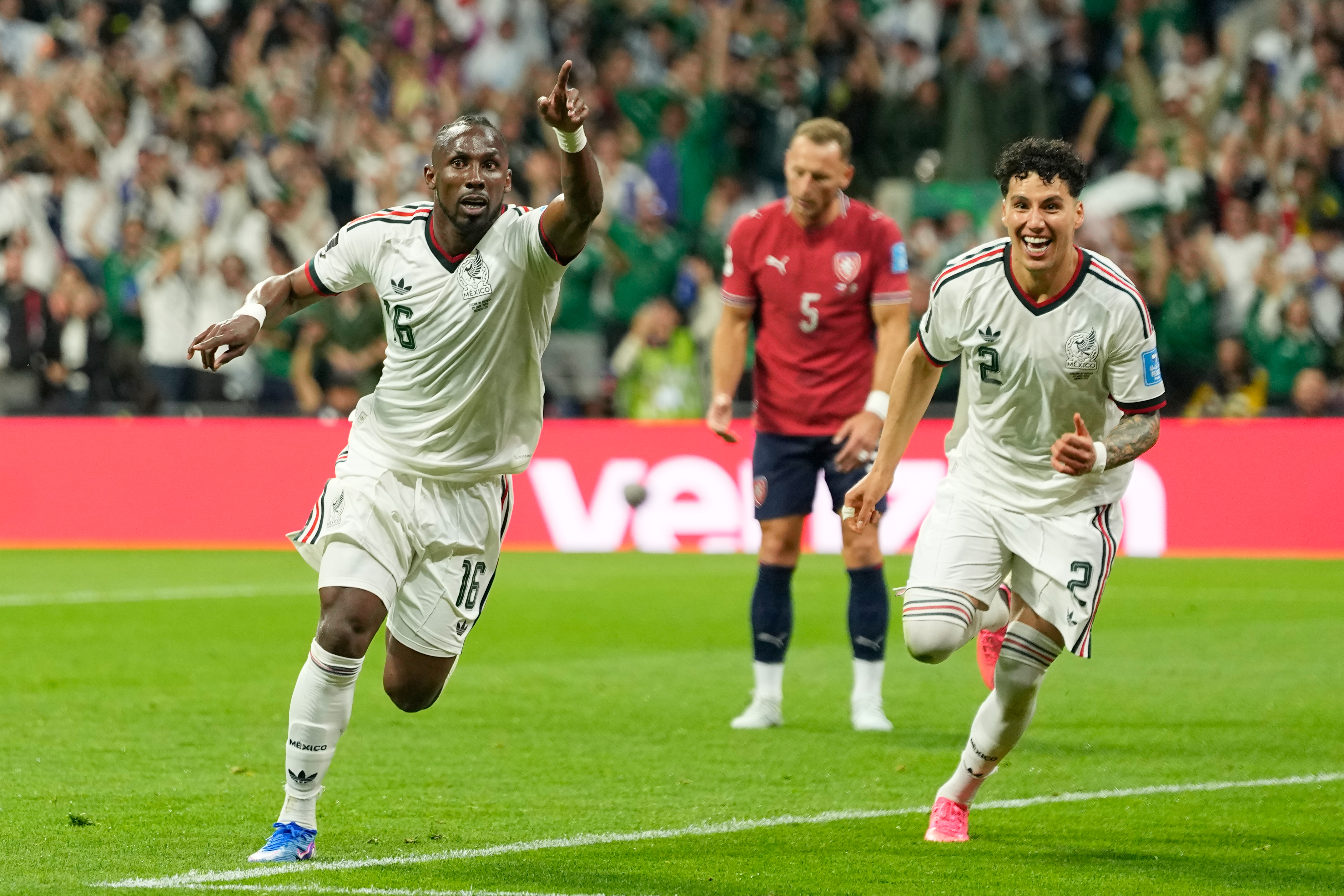 Mexico's Julian Quinones celebrates scoring (16) his side's second goal against Czechia during a World Cup Group A soccer match in Mexico City, Wednesday, June 24, 2026.