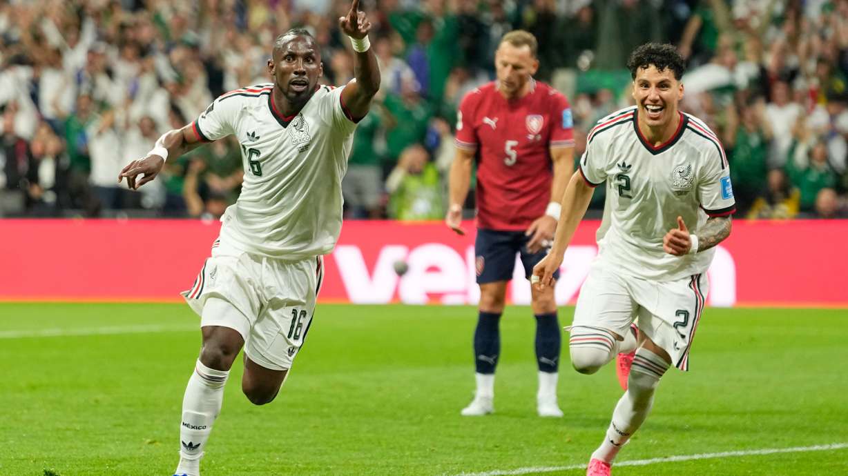 Mexico's Julian Quinones celebrates scoring (16) his side's second goal against Czechia during a World Cup Group A soccer match in Mexico City, Wednesday, June 24, 2026.