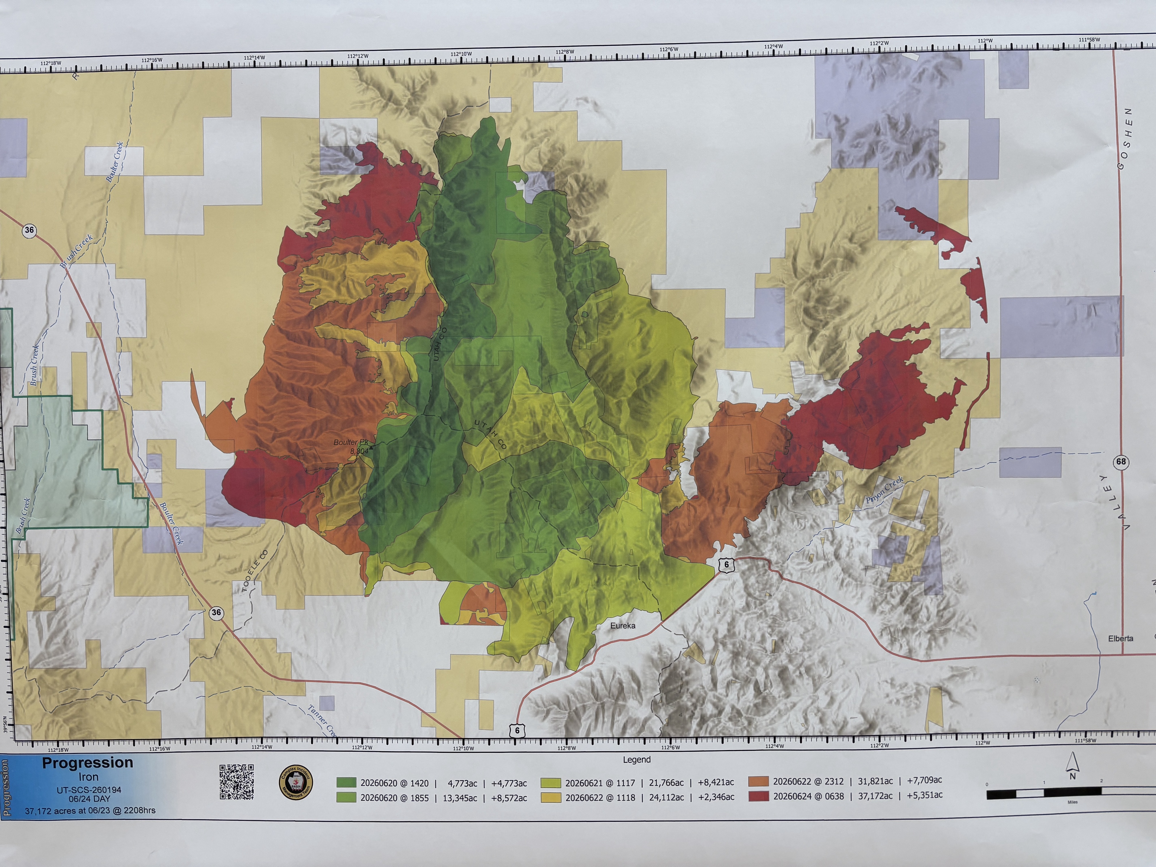Burn areas for the region of the Iron Fire are shown on a map at a community meeting Wednesday.
