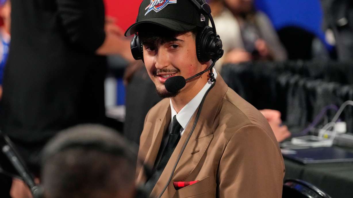 Aday Mara is interviewed after being selected by the Oklahoma City Thunder as the 12th pick in the first round of the NBA basketball draft, Tuesday, June 23, 2026, in New York.