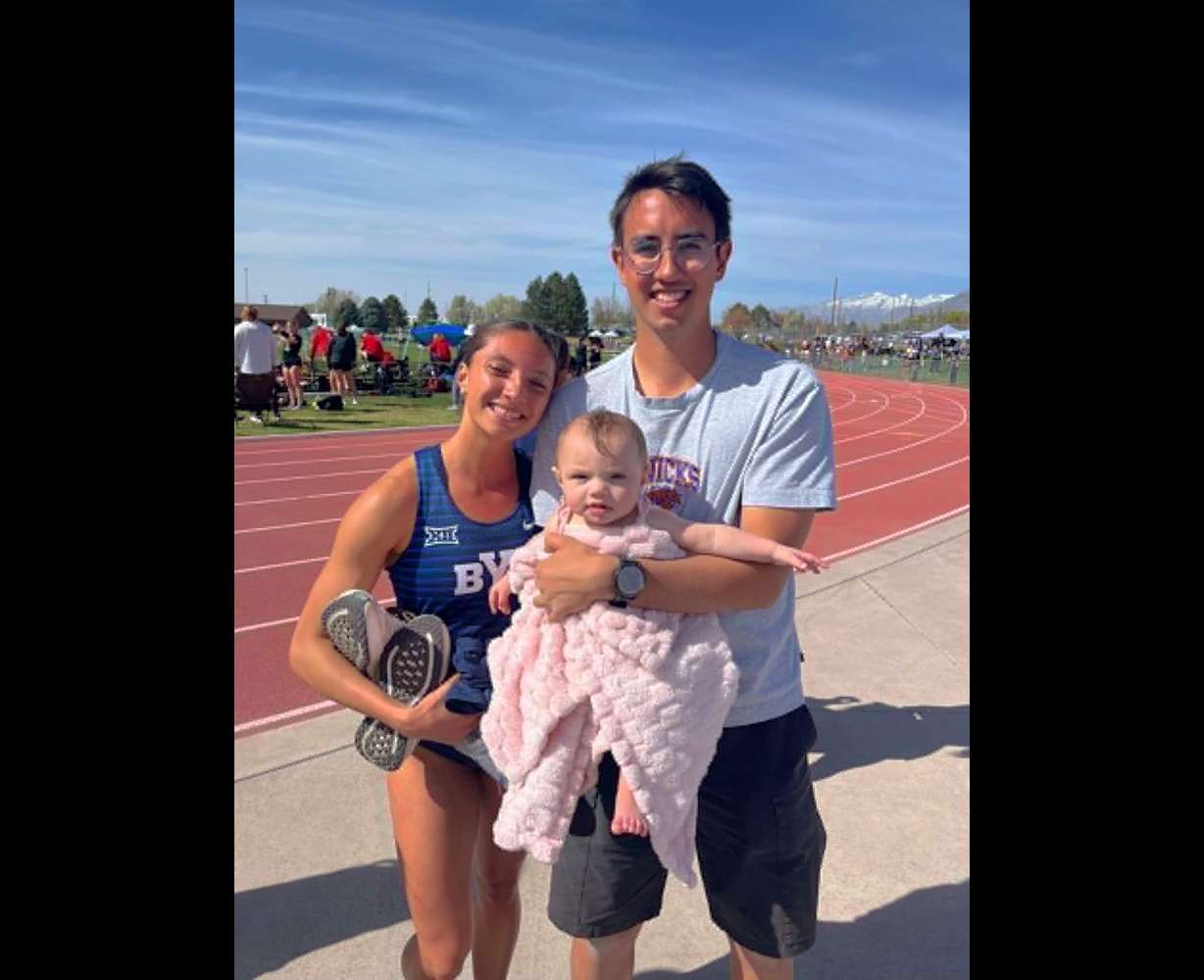 Krystie Solomon-Jensen poses with husband Jace Jensen after running a personal best 800 meters of 2:01.40 at the 2026 NCAA Division I Outdoor Track & Field Championships on June 13. The BYU runner ran that time just nine months after giving birth.