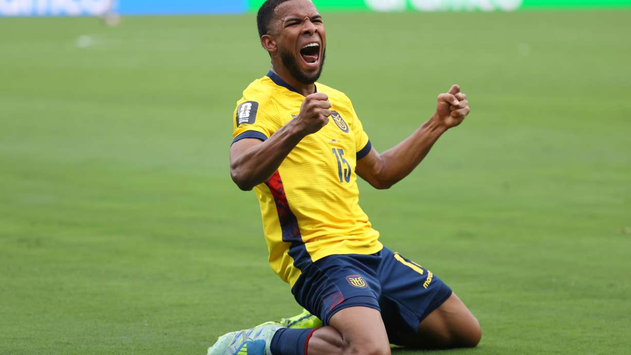 Ecuador's Pedro Vite celebrates Ecuador's Gonzalo Plata scoring his side's second goal against Germany during the second half of a World Cup Group E soccer match in East Rutherford, N.J., near New York, Thursday, June 25, 2026.