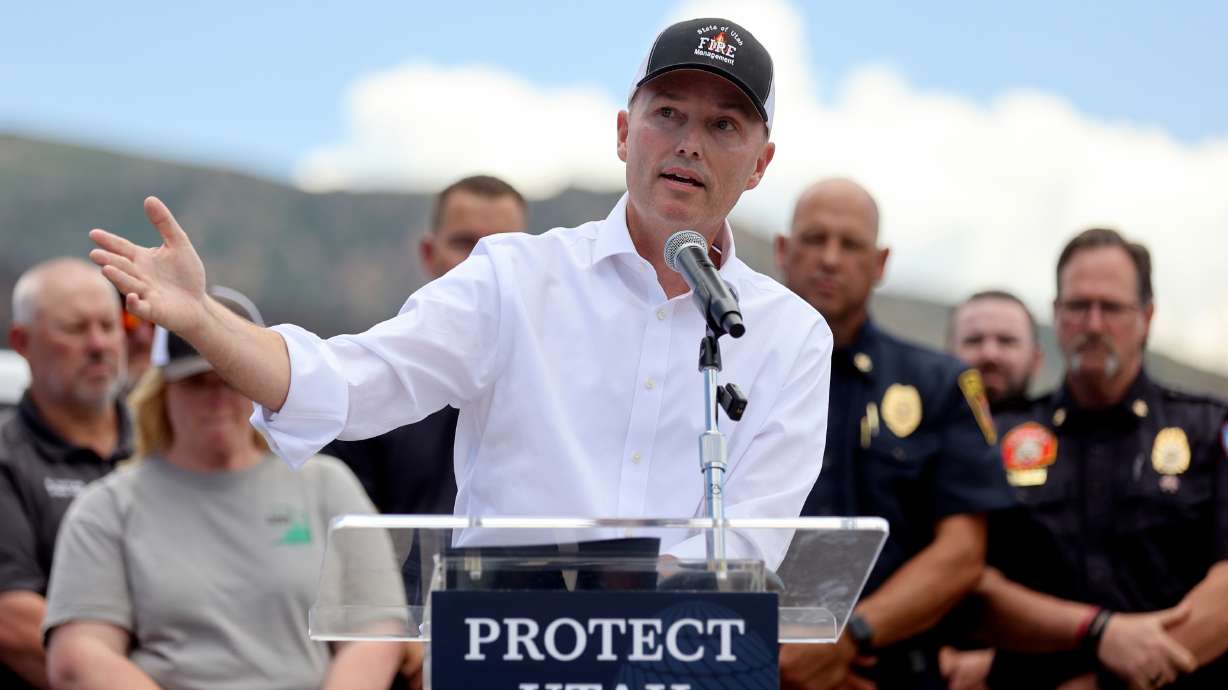 Utah Gov. Spencer Cox speaks at a press conference about current wildfire conditions near the Bonneville Fire burn scar in Salt Lake City on Thursday.