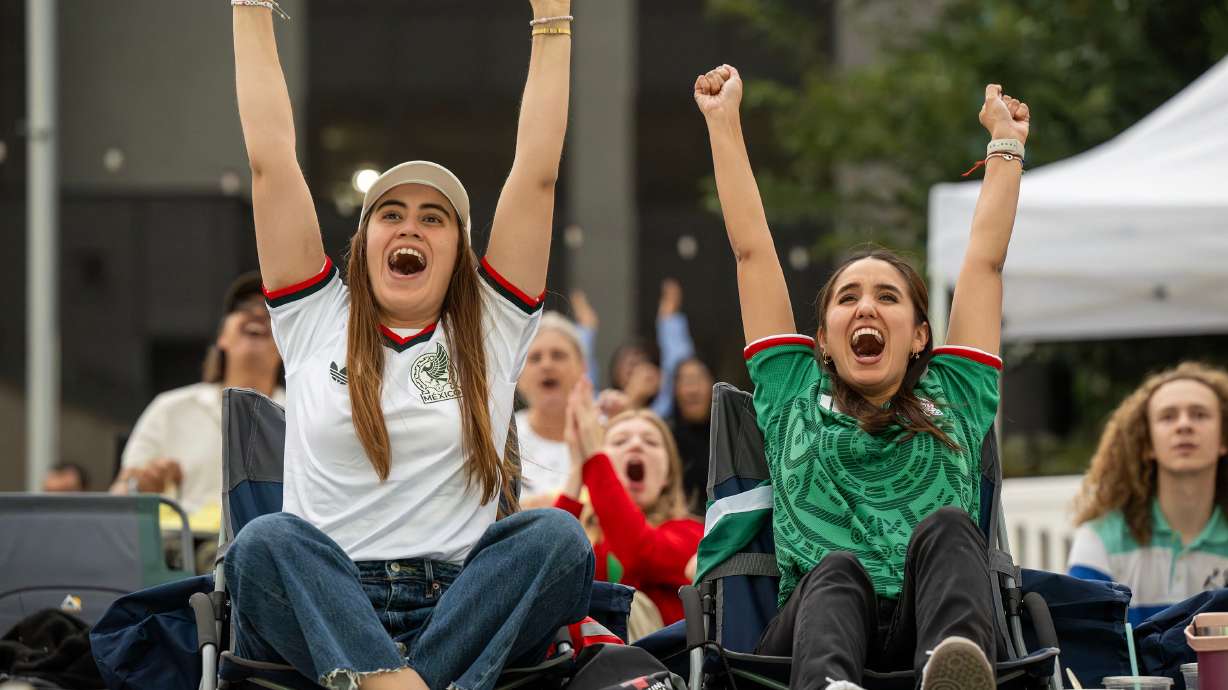 Mariana Acosta, Mariana Castro and others react to a goal scored by Mexico at Millcreek Common while watching Mexico and Czechia play in the World Cup on Wednesday. Over half of Utahns say they'll watch at least one of the World Cup matches, a new Deseret News poll said.