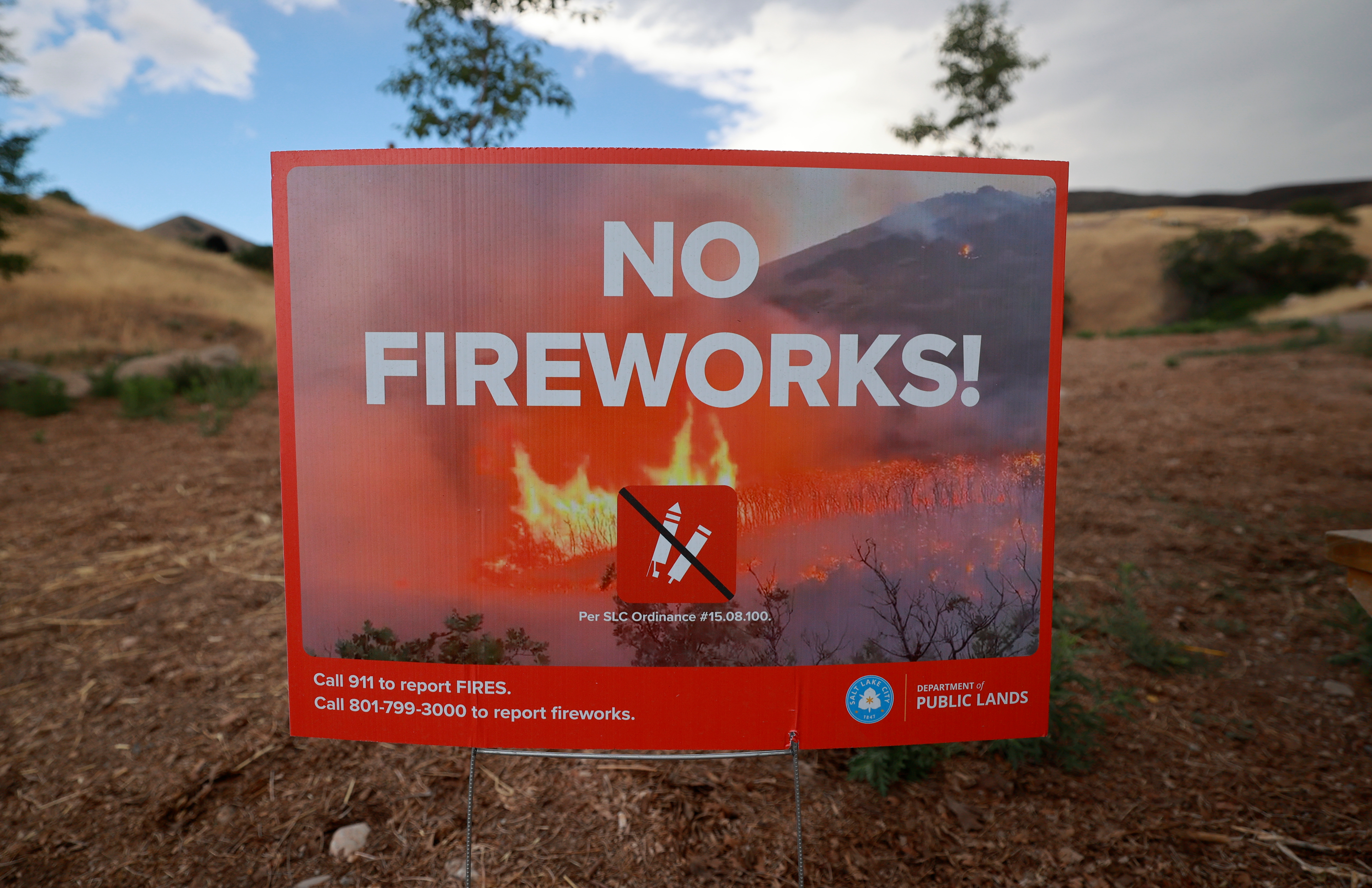 A "no fireworks" sign near Popperton Park in Salt Lake City on Thursday.