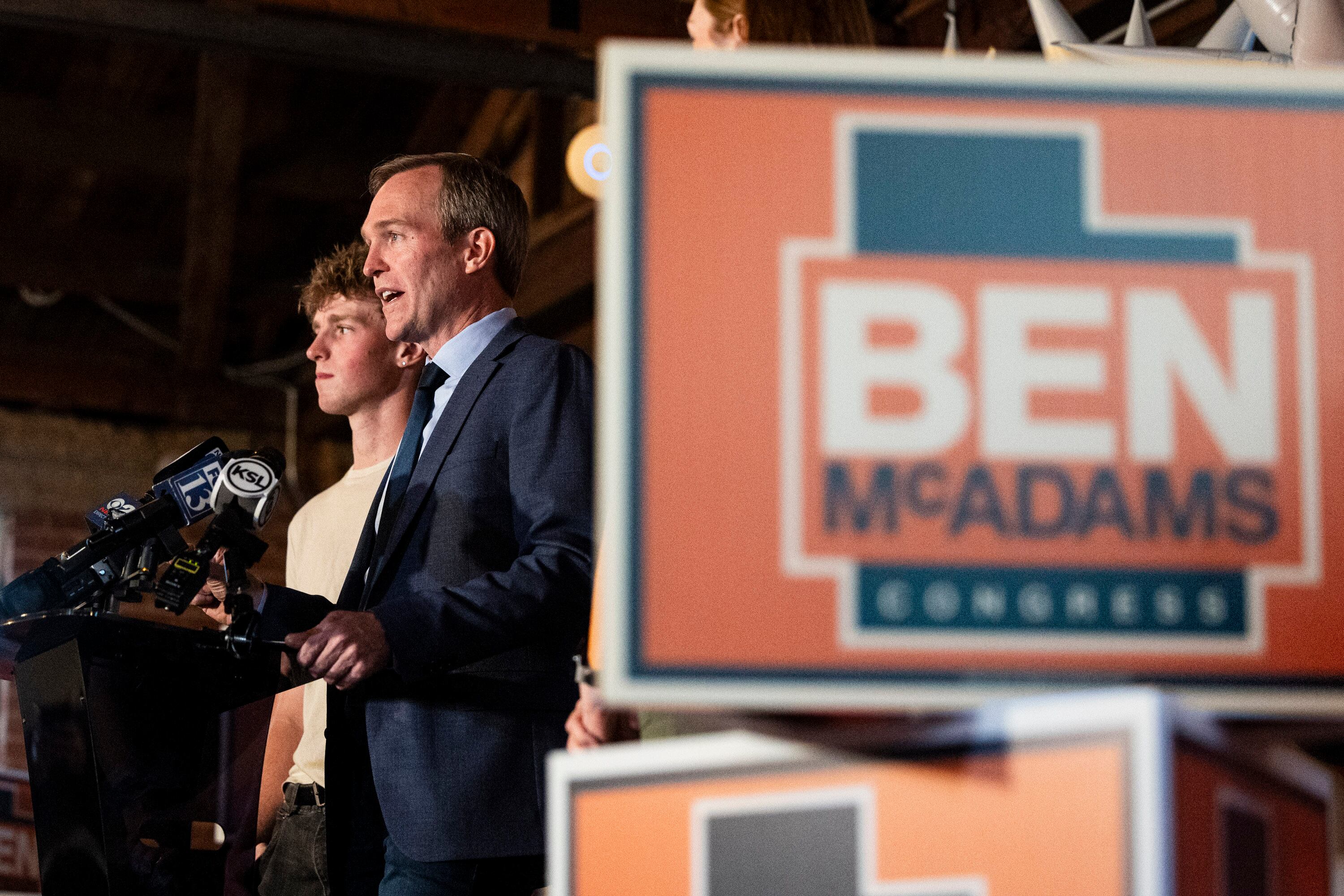 Ben McAdams, a candidate for Utah's 1st Congressional District, speaks while joined by part of his family during a watch party on primary election night at Publik Coffee Roasters in Salt Lake City on Tuesday. McAdams said there's more urgency than when he was first elected to the House in 2018.
