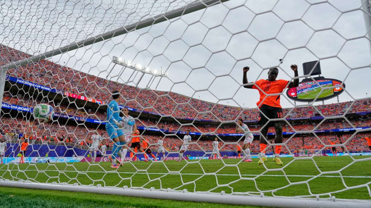 Netherlands' Brian Brobbey (19) celebrates after Tunisia's Ellyes Skhiri (17) scored an own goal during the World Cup Group F soccer match between Tunisia and the Netherlands in Kansas City, Mo., Thursday, June 25, 2026.