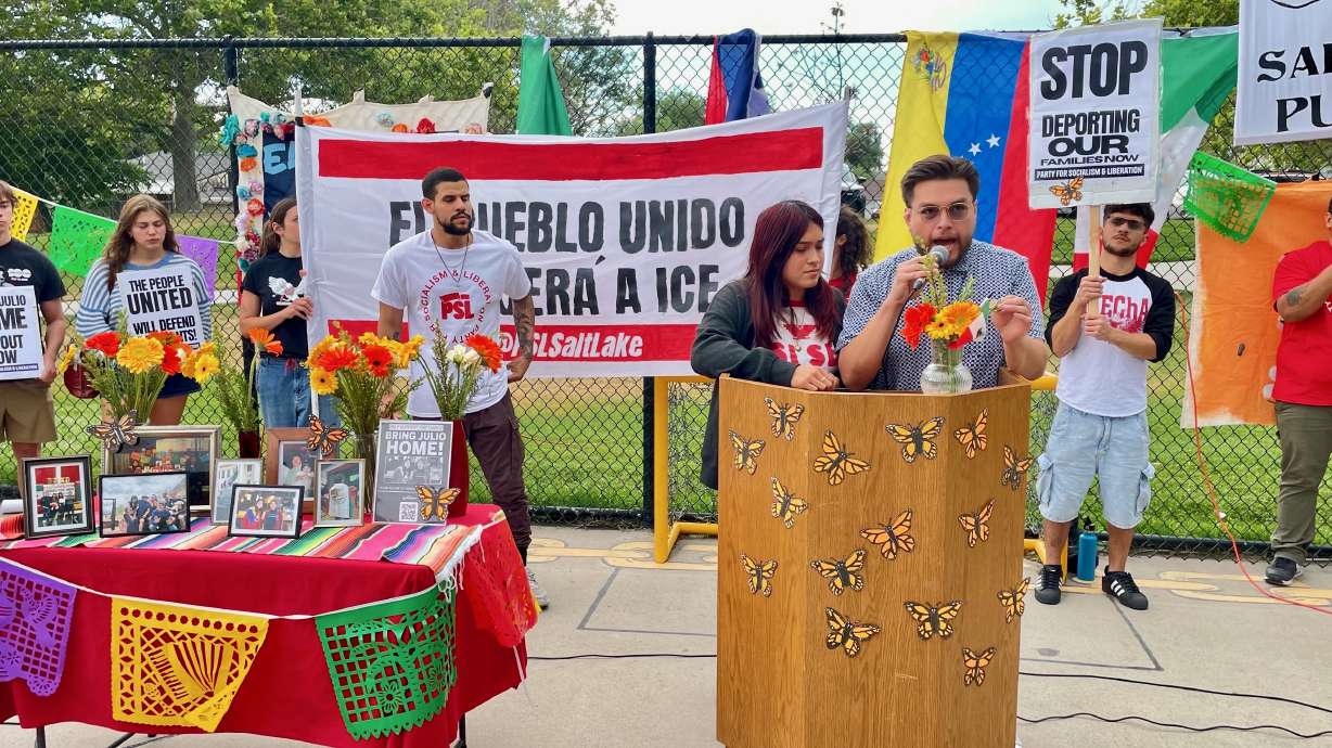 Julio Irungaray Jr. speaks with his sister Chantal Irungaray beside him at a rally Thursday in Sherwood Park in Salt Lake City to press for the release of their father Julio Irungaray Sr., detained by immigration agents.