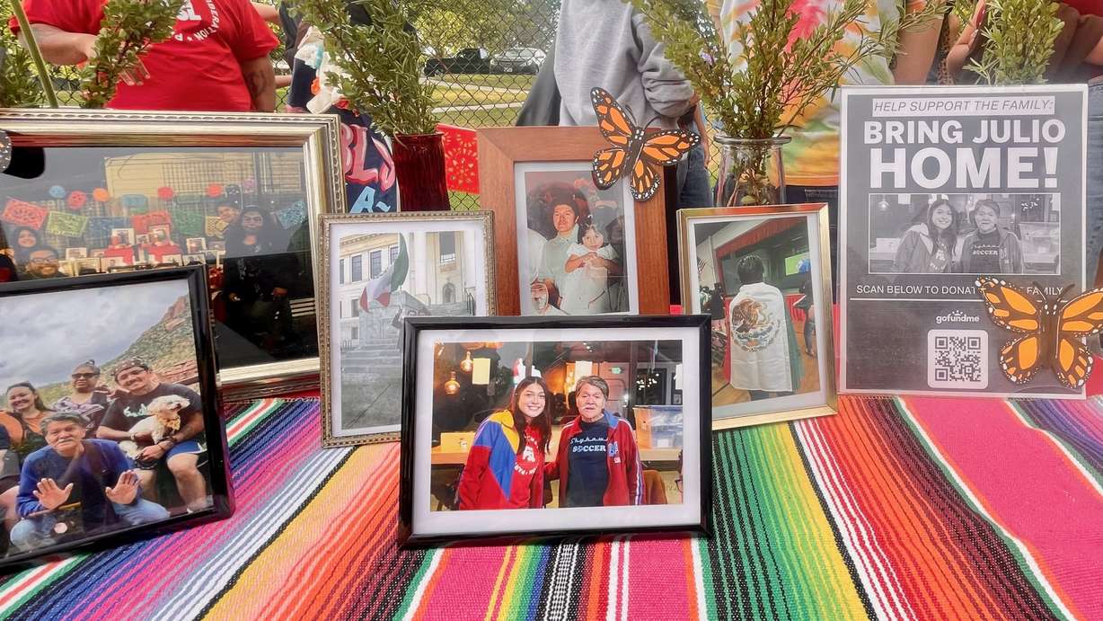 Friends and family rallied on Thursday in Sherwood Park in Salt Lake City in support of Julio Irungaray Sr., detained by immigration agents. He's shown in the center photo with daughter Chantal Irungaray.
