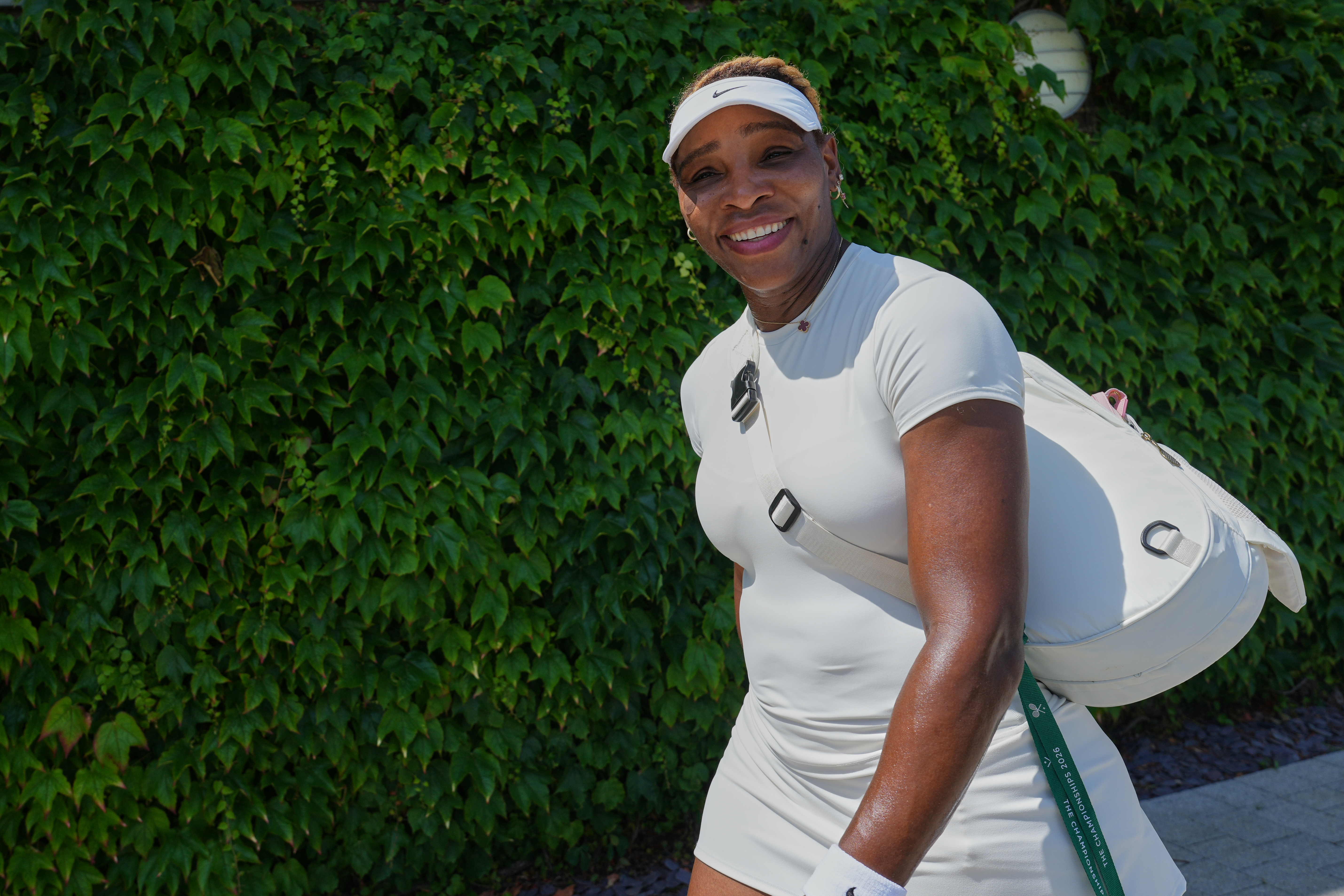 Serena Williams of the United States smiles after a training session at the All England Lawn Tennis and Croquet Club, ahead of the Wimbledon Championships in London, Thursday, June 25, 2026. 