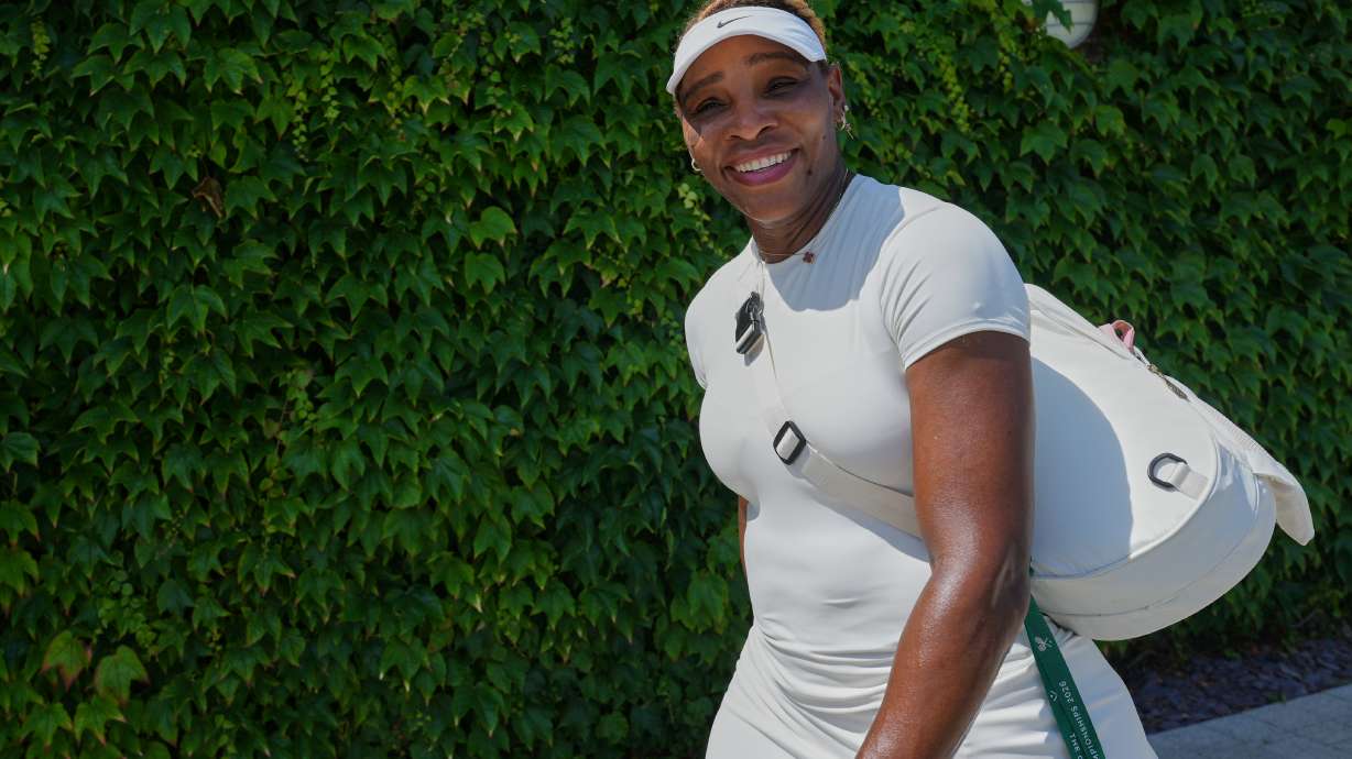 Serena Williams of the United States smiles after a training session at the All England Lawn Tennis and Croquet Club, ahead of the Wimbledon Championships in London, Thursday, June 25, 2026.