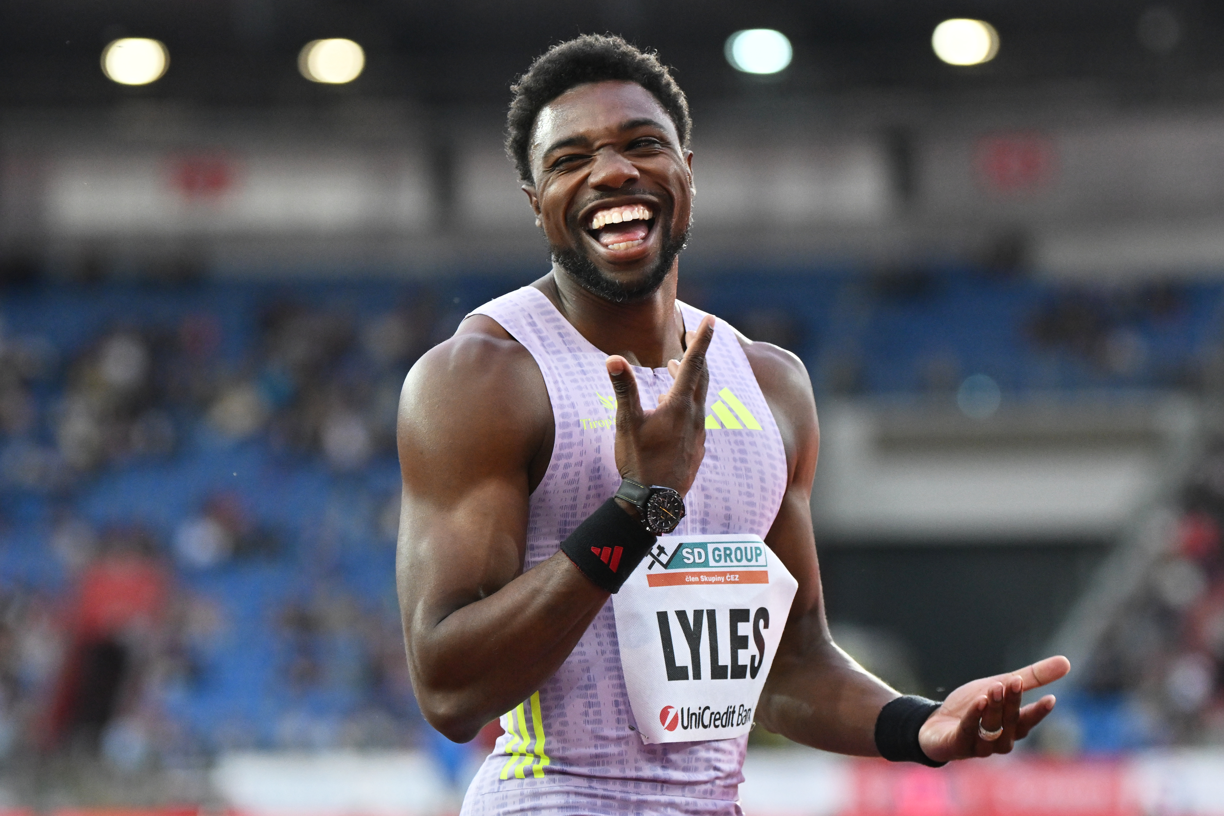 Noah Lyles of United States celebrates after winning the men's 150 meters event at the Golden Spike athletics meeting in Ostrava, Czech Republic, Tuesday, June 16, 2026. 