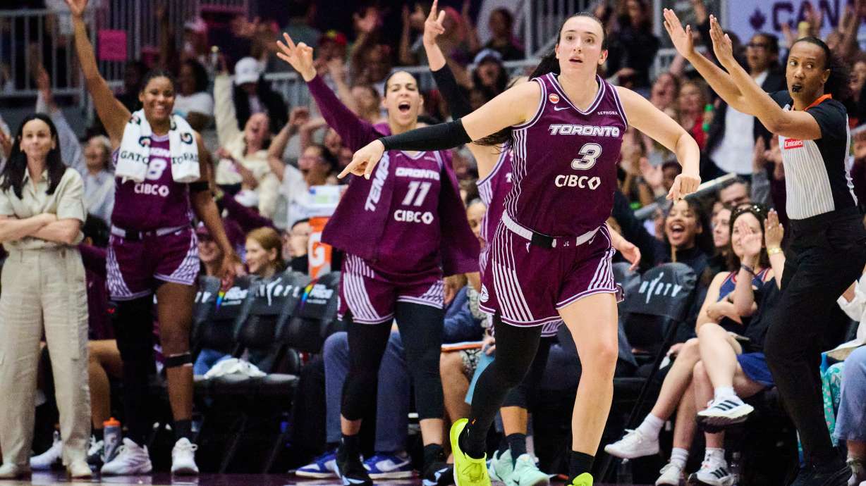 Toronto Tempo's Marina Mabrey (3) celebrates with her team during the second half of a WNBA basketball game against the Los Angeles Sparks in Toronto, hursday, June 25, 2026.