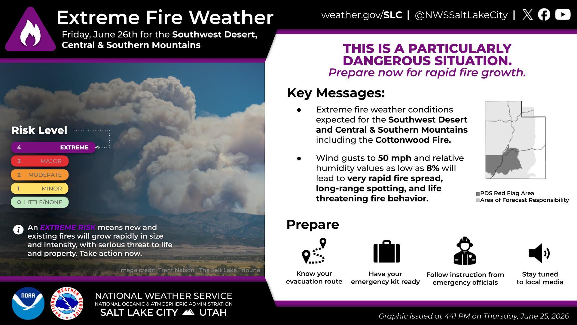 The National Weather Service in Salt Lake City issued a particularly dangerous situation red-flag warning late Thursday in regards to fire danger increasing.