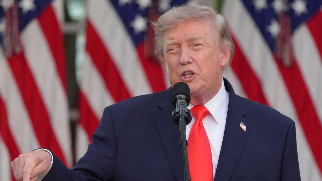 President Donald Trump speaks at a Rose Garden Club dinner with farmers, at the White House, Thursday, in Washington. Trump blamed Iran on Friday for a drone strike on a cargo ship in the Strait of Hormuz.