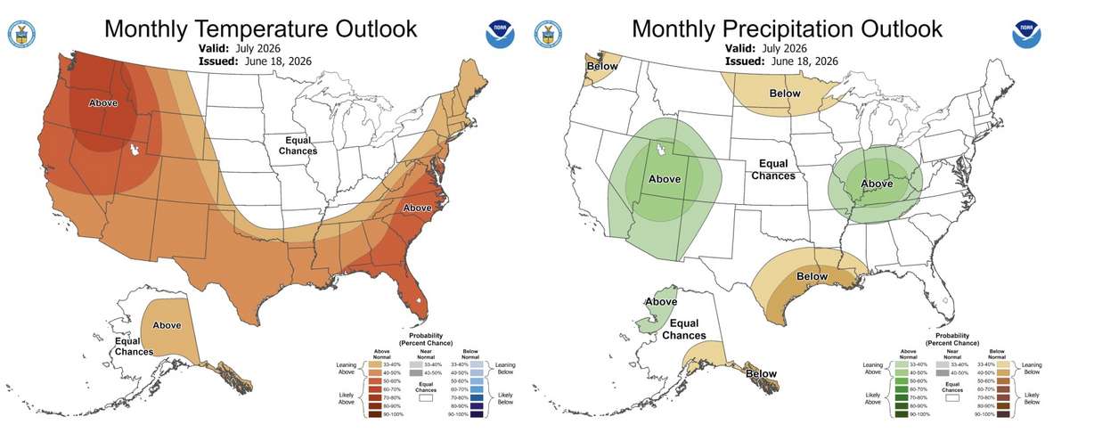 These maps show temperature and precipitation probabilities for the U.S. in July. Utah could be in for a hotter and wetter July than normal.