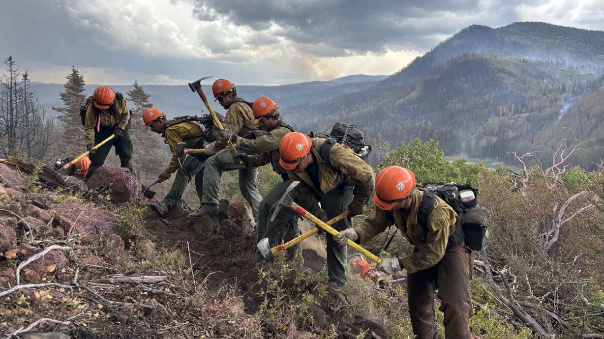 The Los Padres Interagency Hotshot Crew constructs a direct fireline on the southwest portion of the Cottonwood Fire above Birch Lake on Thursday. Firefighters anticipate the next two days will bring harsh fire conditions.