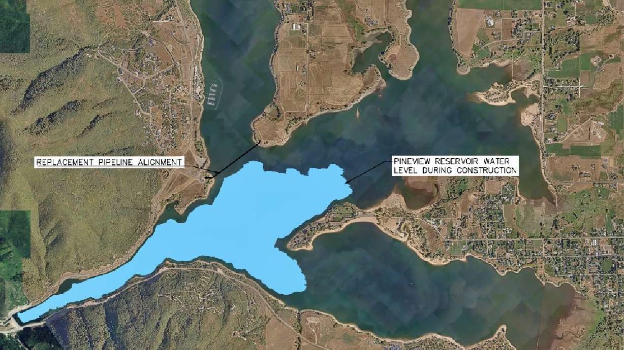Pineview Reservoir in Weber County, a popular recreation draw, will be largely lowered as part of Ogden's ongoing pipeline replacement project. The image shows the reservoir's expected water level, in bright blue, on Sept. 15.