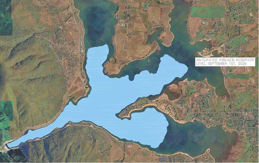 Pineview Reservoir in Weber County, a popular recreation draw, will be largely drained as part of Ogden's ongoing pipeline replacement project. The image shows the reservoir's expected water level, in bright blue, on Sept. 1. It's to be reduced even more by Sept. 15.