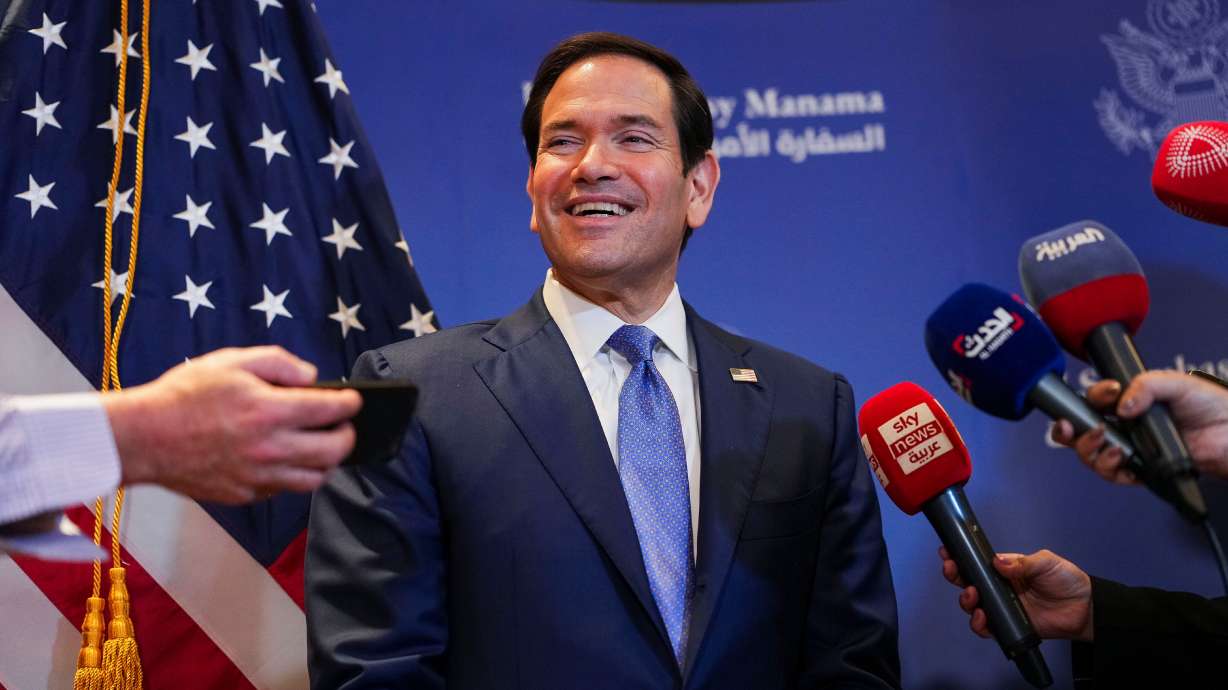 Secretary of State Marco Rubio speaks with members of the media before departing for Bahrain International Airport after his visit to the Middle East, in Manama, Bahrain, Thursday. Rubio and the ambassadors to Israel and Lebanon announced a framework agreement on Friday described as a first step towards peace.