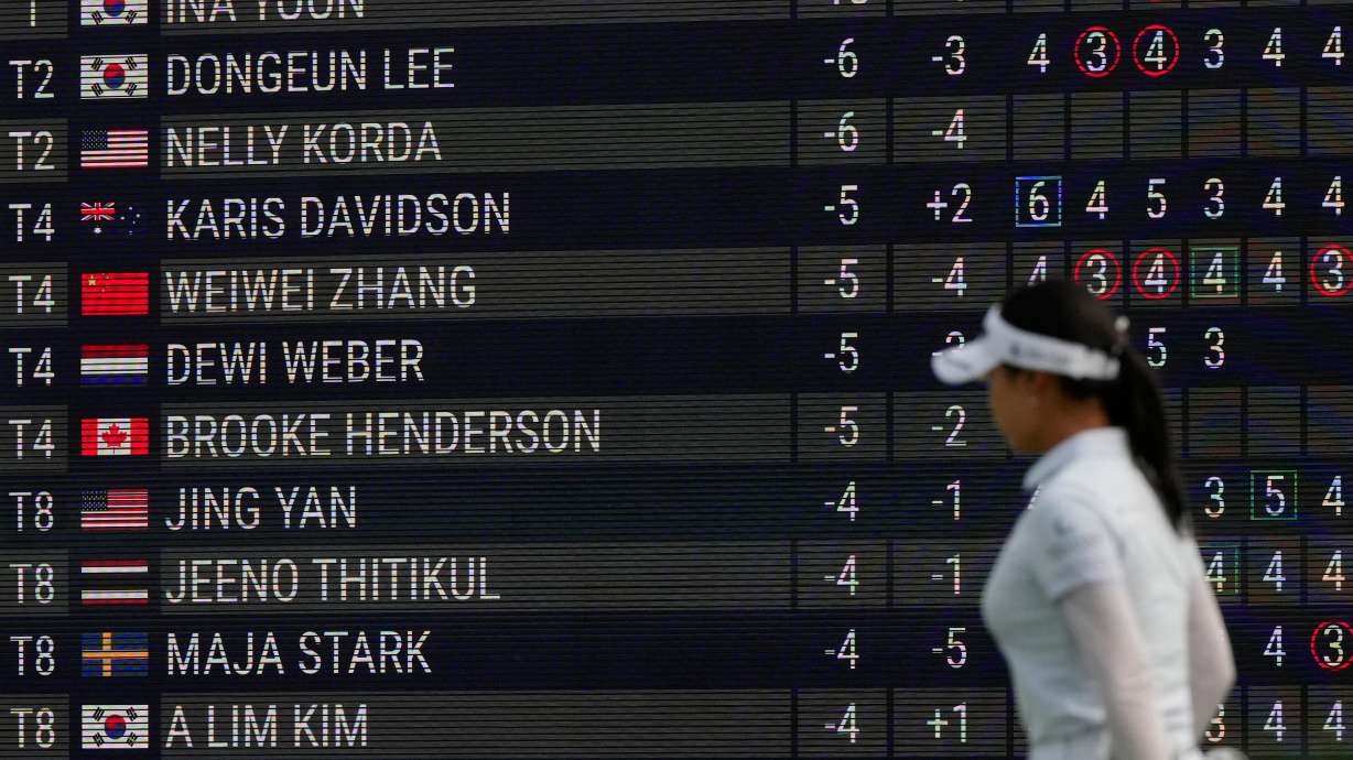 Ina Yoon, of South Korea, walks by a scoreboard on the ninth hole during the second round of the Women's PGA Championship golf tournament, Friday, June 26, 2026, in Chaska, Minn.