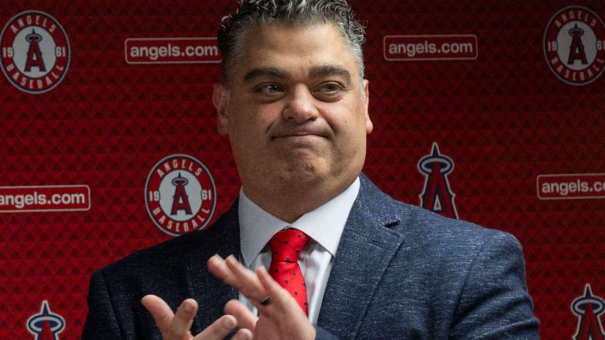 FILE - Los Angeles Angels General Manager Perry Minasian attends a news conference in Anaheim, Calif., on Oct. 22, 2025.