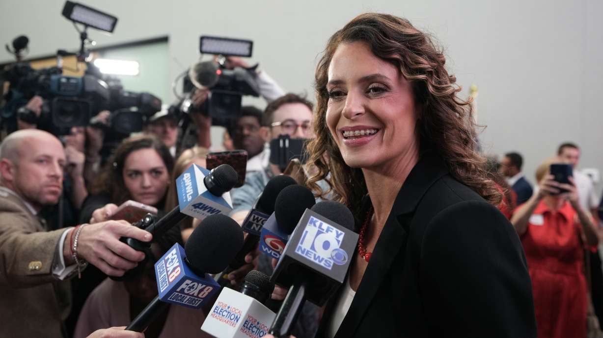 Senate candidate Rep. Julia Letlow, R-La., speaks to media during an election night watch party, May 16, in Baton Rouge, La. Letlow won the runoff primary election on Saturday night.