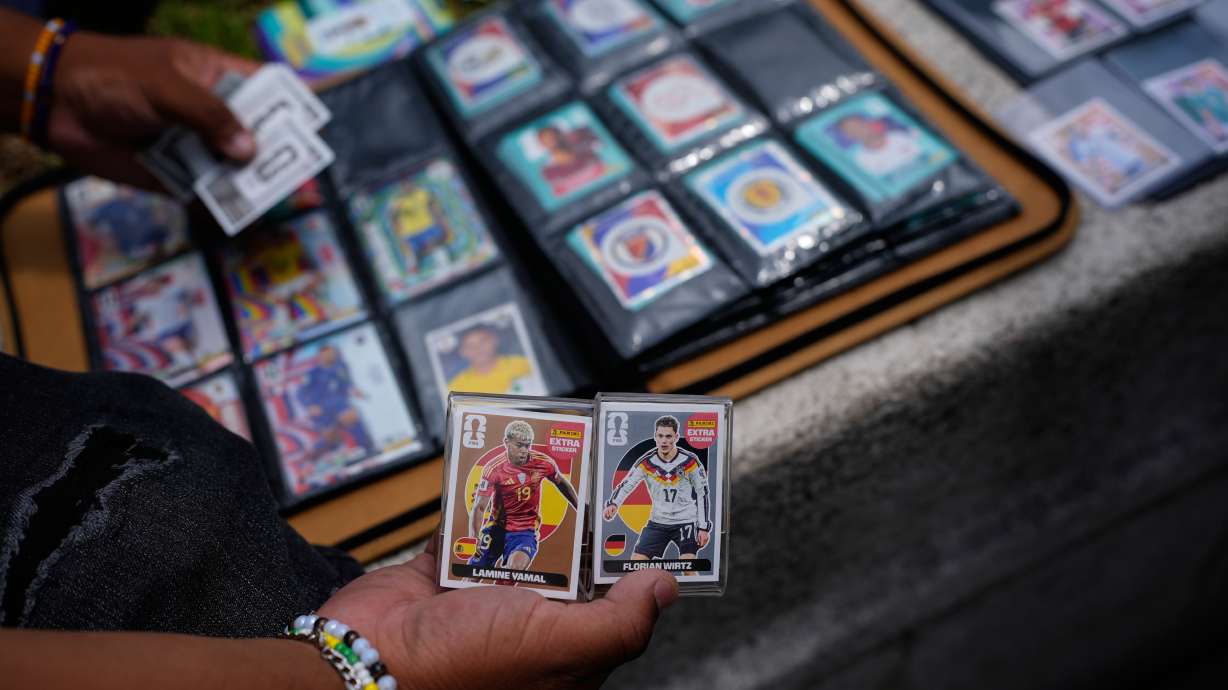 Youth exchange Panini World Cup stickers in Mexico City, Tuesday, June 16, 2026.