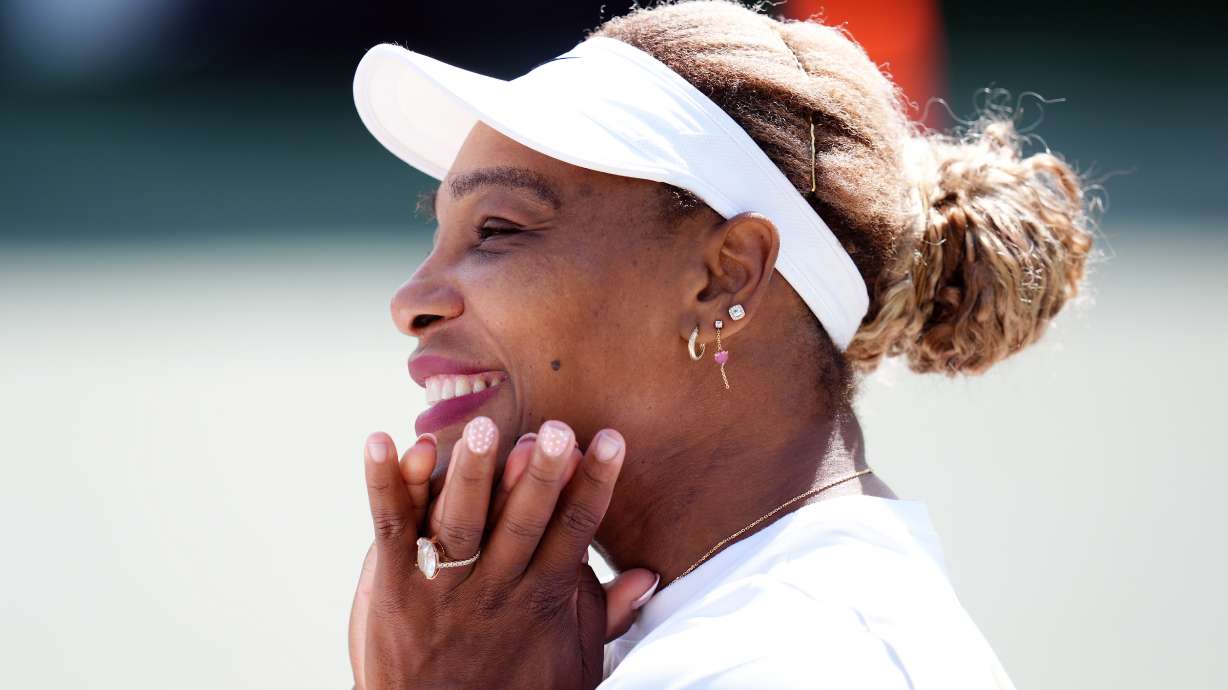 Serena Williams of the U.S. reacts during a practice session, ahead of the Wimbledon Tennis Championships, at the All England Lawn Tennis and Croquet Club, in London, Saturday June 27, 2026.