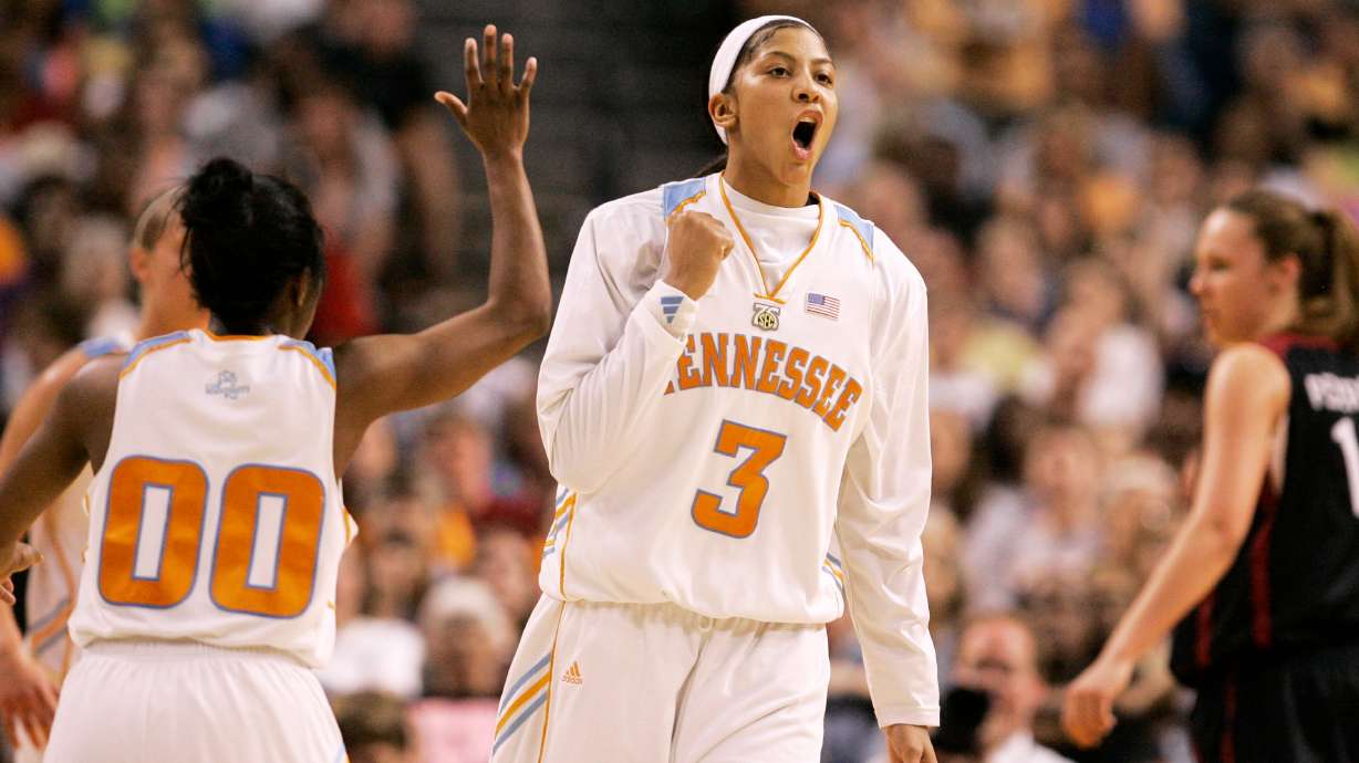 FILE - Candace Parkert (3) celebrates after a shot during the national championship basketball game against Stanford at the NCAA Women's Final Four, April 8, 2008, in Tampa, Fla.