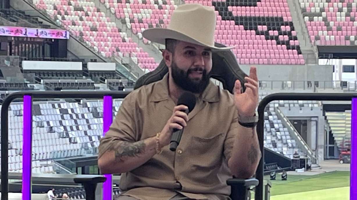 Grammy winner Carin Leon speaks at Inter Miami's Nu Stadium about becoming the first performer to have a concert at the new facility on Thursday, June 25, 2026 in Miami.