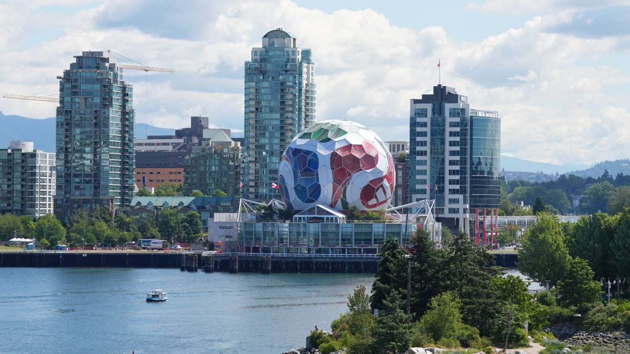 Science World, which has been transformed into a World Cup Trionda soccer ball is seen near BC Place Stadium in Vancouver, British Columbia, Thursday, June 11, 2026, ahead of the World Cup soccer tournament.