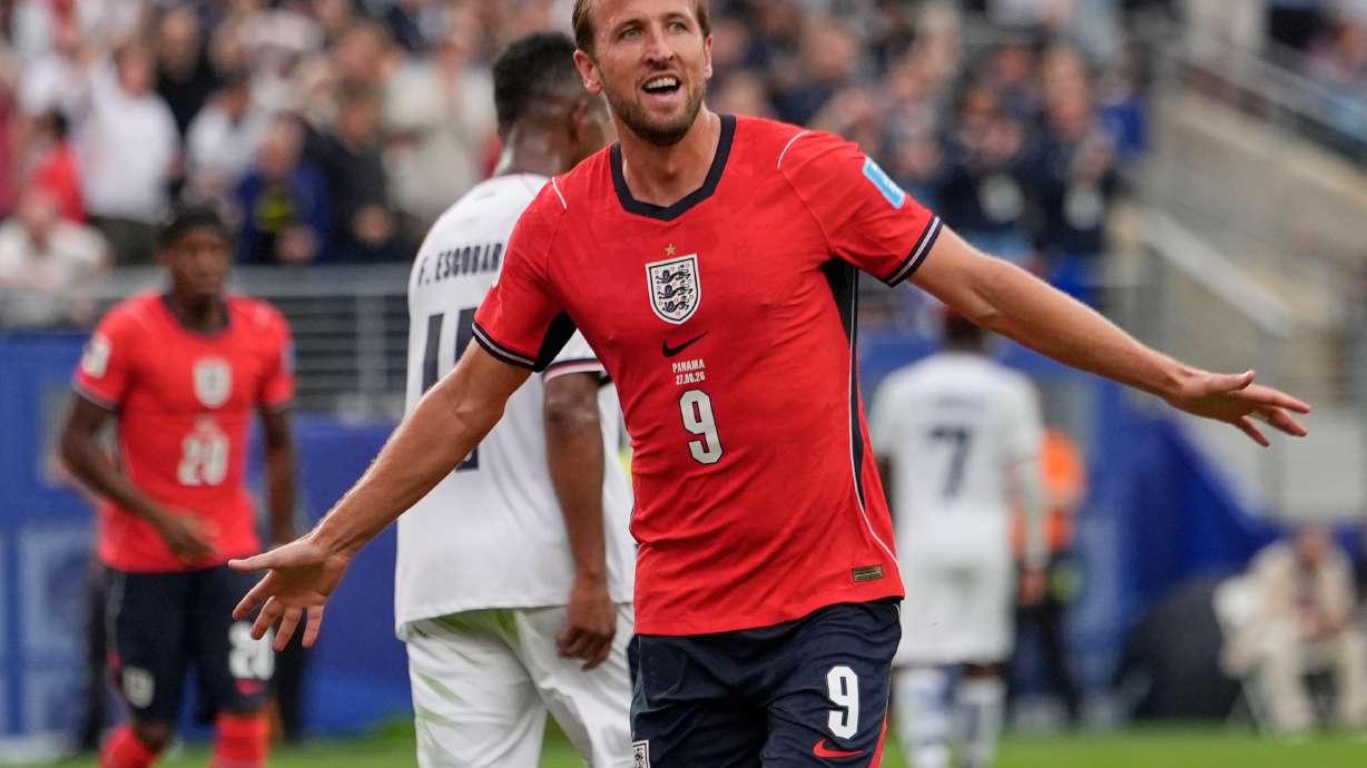 England's Harry Kane (9) celebrates after scoring their second goal during the World Cup Group L soccer match between Panama and England in East Rutherford, N.J., near New York, Saturday, June 27, 2026.