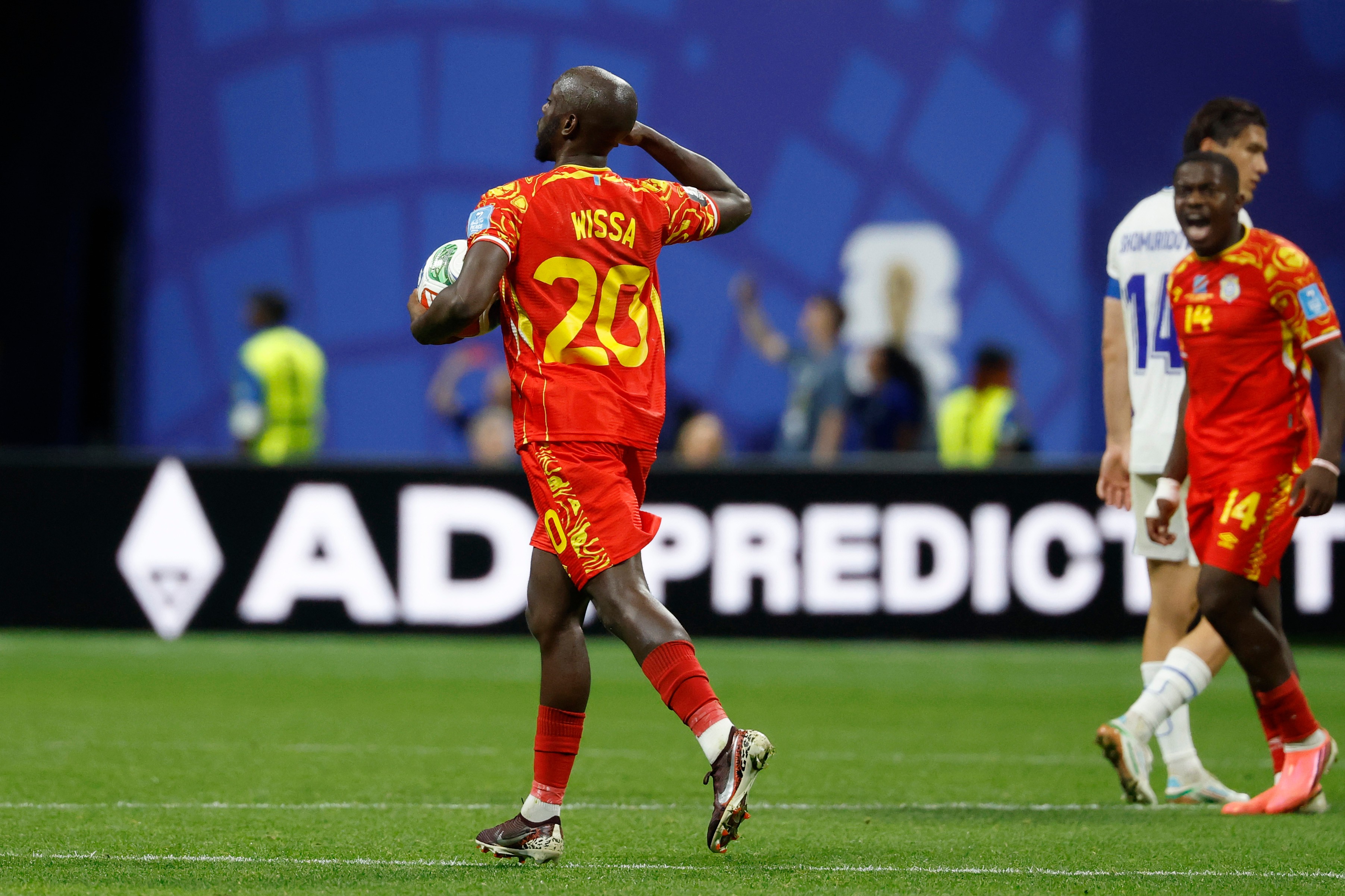 Congo's Yoane Wissa (20) celebrates their first goal on a penalty kick during the World Cup Group K soccer match between DR Congo and Uzbekistan in Atlanta, Saturday, June 27, 2026. 