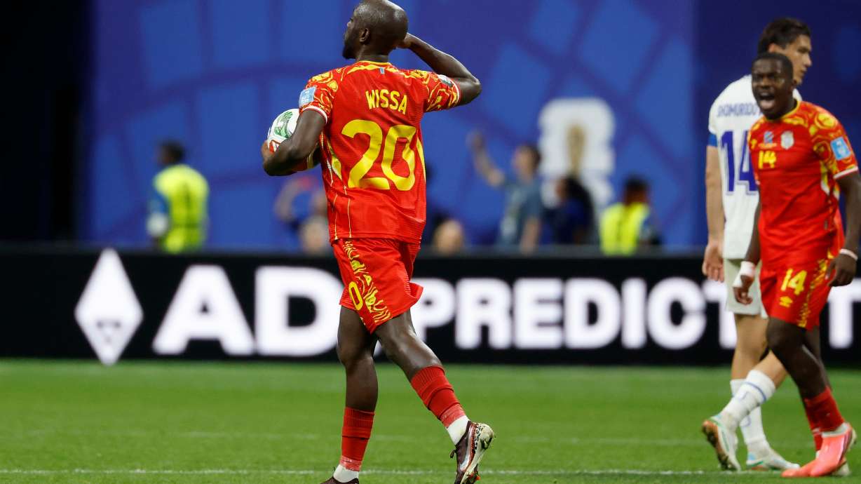 Congo's Yoane Wissa (20) celebrates their first goal on a penalty kick during the World Cup Group K soccer match between DR Congo and Uzbekistan in Atlanta, Saturday, June 27, 2026.