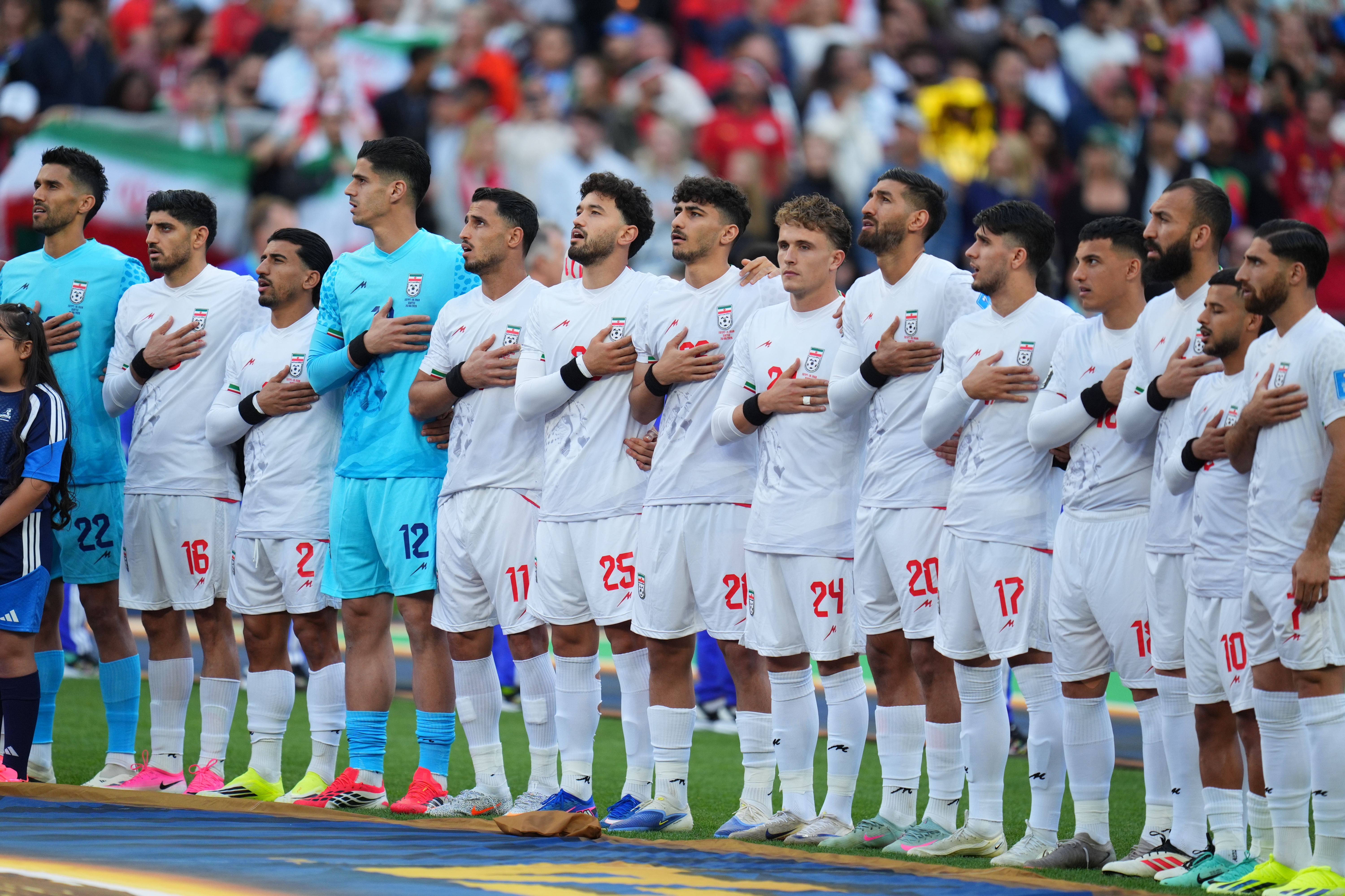 Iran's team stands for their national anthem during the World Cup Group G soccer match between Egypt and Iran in Seattle, Friday, June 26, 2026. 