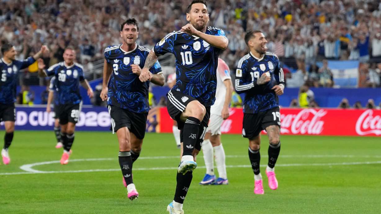 Argentina's Lionel Messi (10) celebrates scoring his side's 3rd goal during the World Cup Group J soccer match between Jordan and Argentina in Arlington, Texas, near Dallas, Saturday, June 27, 2026.