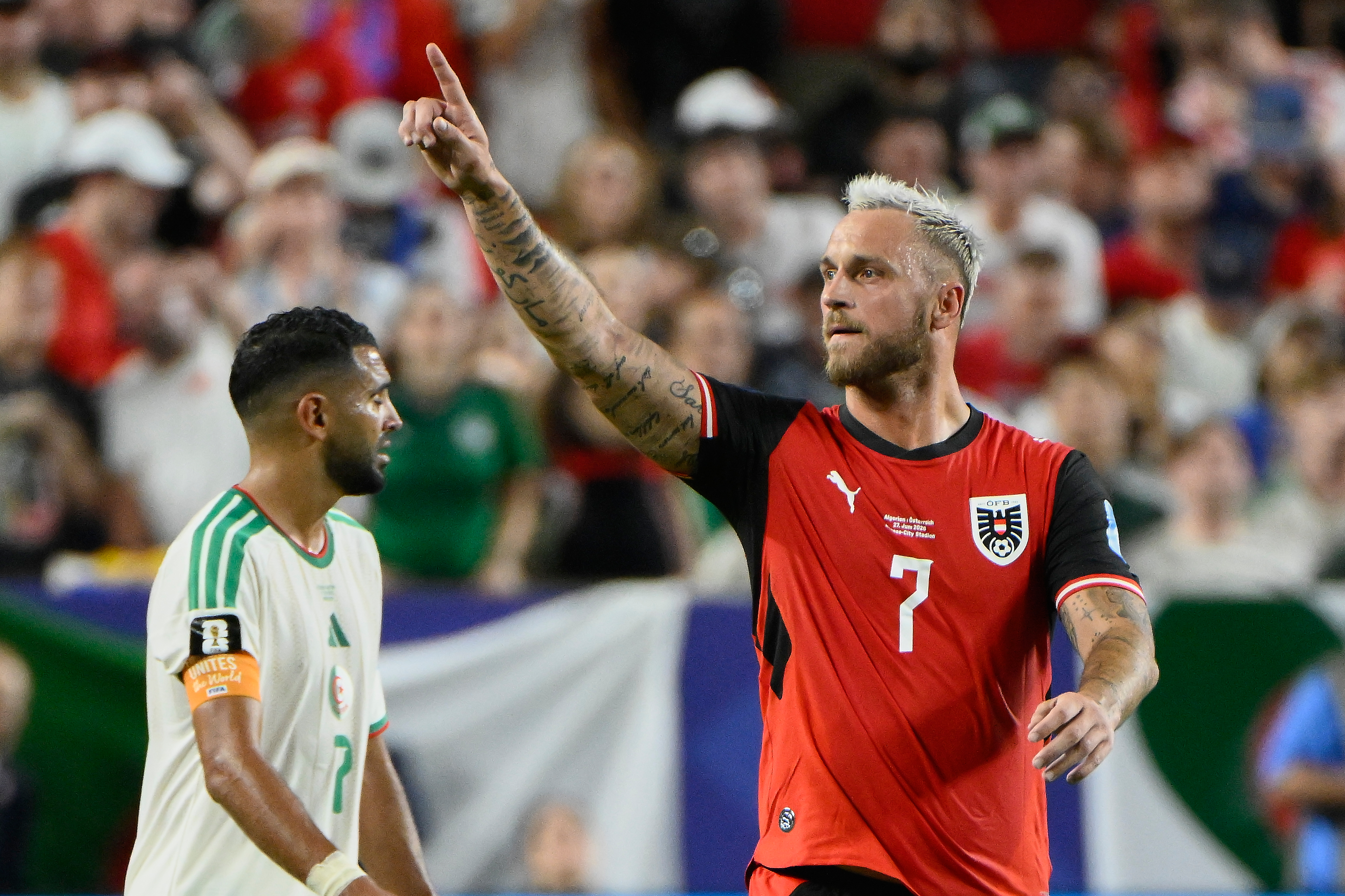 Austria's Marko Arnautovic (7) celebrates his team's first goal during the World Cup Group J soccer match between Algeria and Austria in Kansas City, Mo., Saturday, June 27, 2026. 