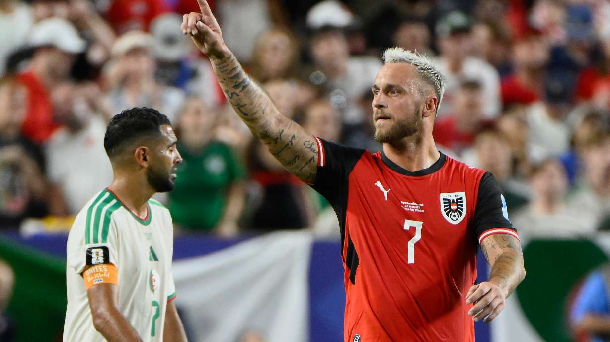 Austria's Marko Arnautovic (7) celebrates his team's first goal during the World Cup Group J soccer match between Algeria and Austria in Kansas City, Mo., Saturday, June 27, 2026.