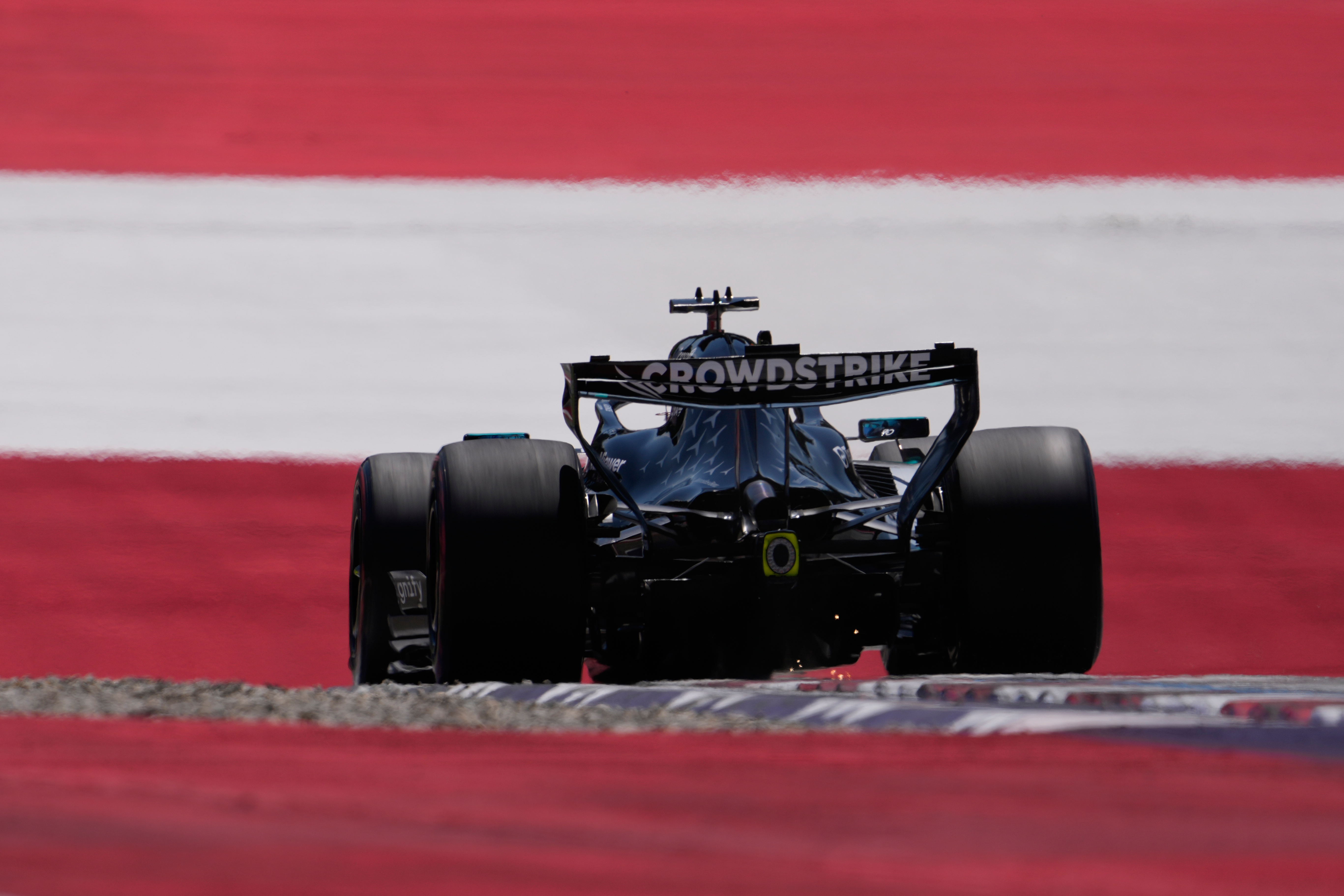 Mercedes driver George Russell of Britain steers his car during the third free practice ahead of the Austrian F1 Grand Prix, in Spielberg, Austria, Saturday, June 27, 2026. 
