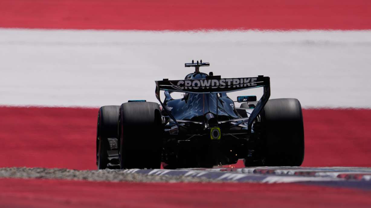 Mercedes driver George Russell of Britain steers his car during the third free practice ahead of the Austrian F1 Grand Prix, in Spielberg, Austria, Saturday, June 27, 2026.
