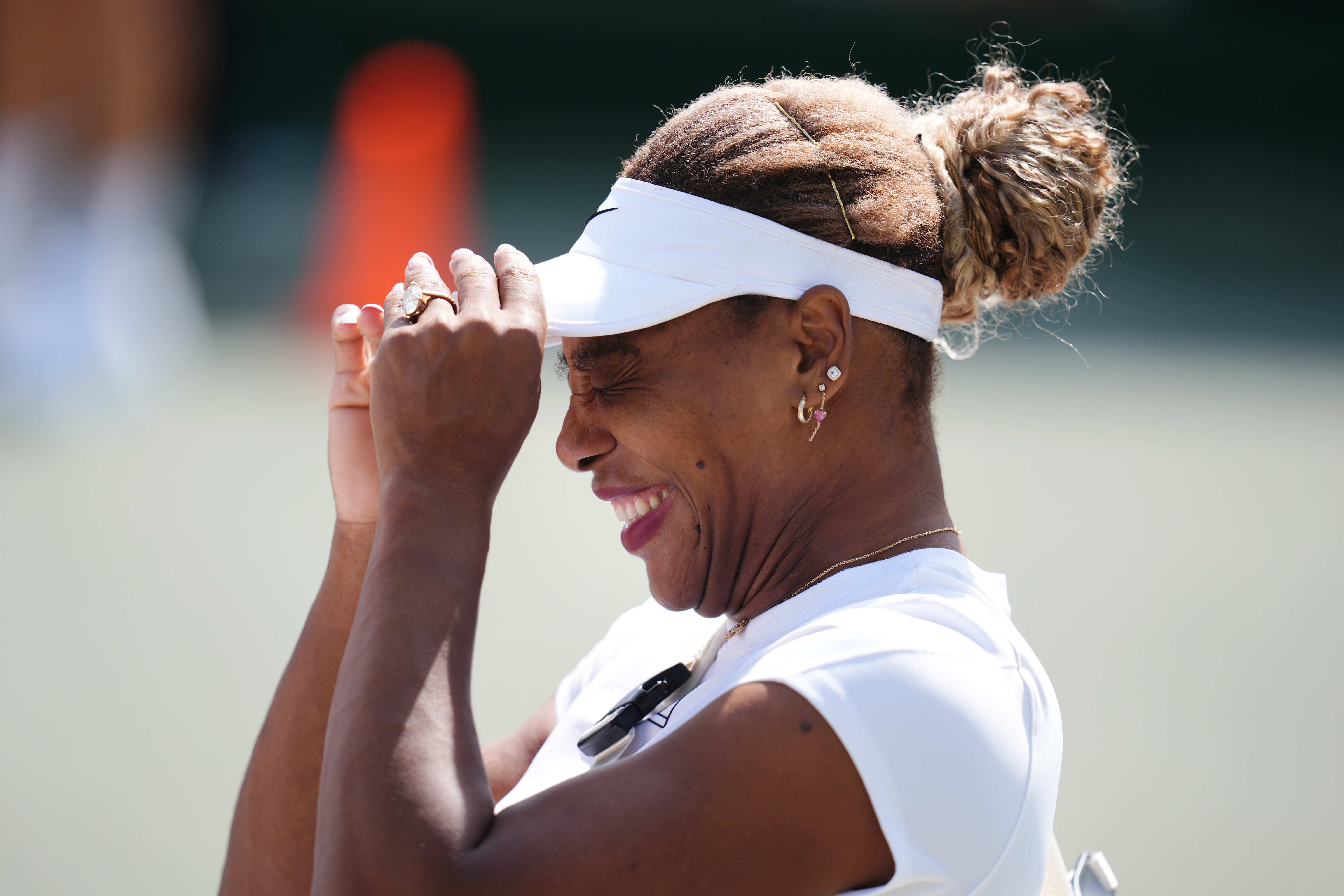 Serena Williams of the U.S. reacts during a practice session, ahead of the Wimbledon Tennis Championships, at the All England Lawn Tennis and Croquet Club, in London, Saturday June 27, 2026. 