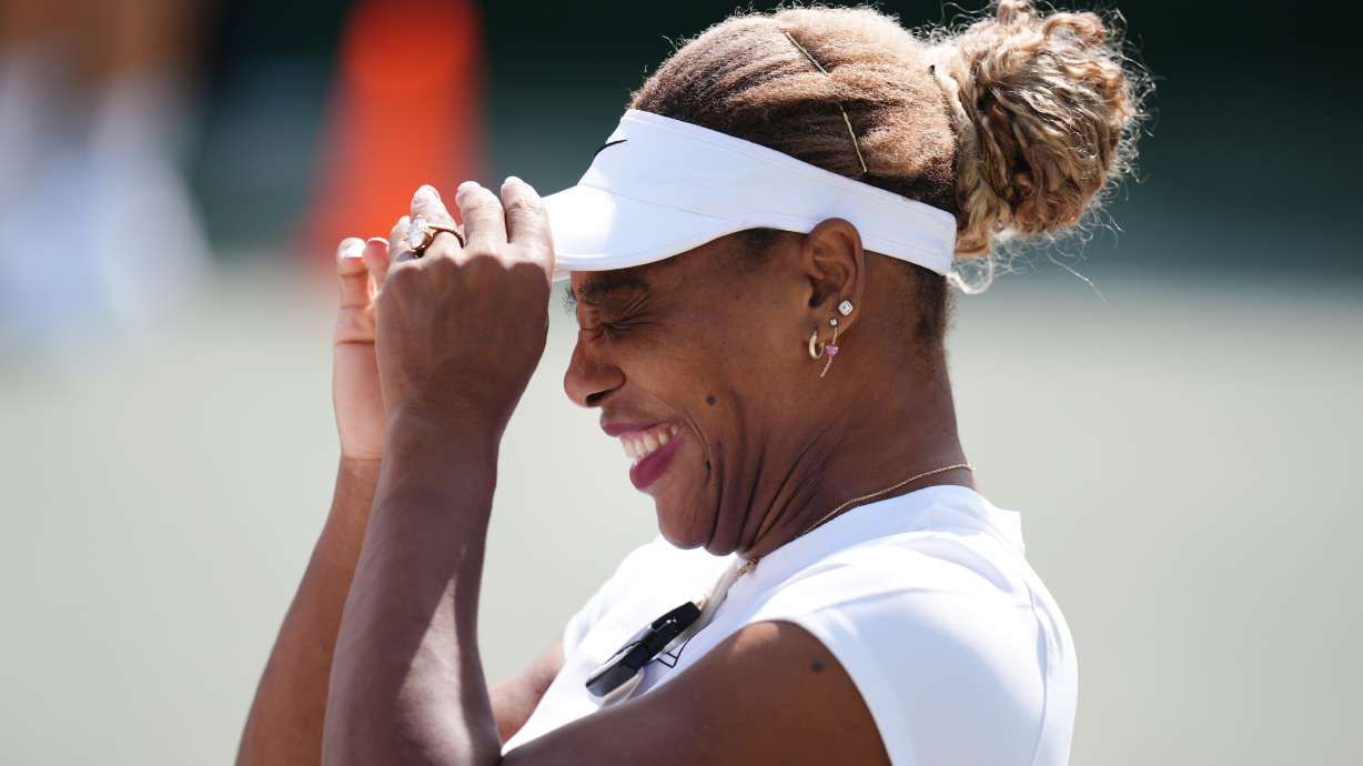 Serena Williams of the U.S. reacts during a practice session, ahead of the Wimbledon Tennis Championships, at the All England Lawn Tennis and Croquet Club, in London, Saturday June 27, 2026.