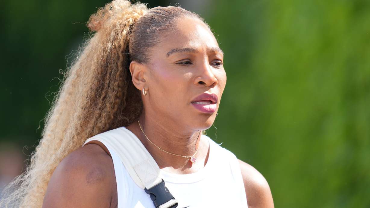 Serena Williams of the United States arrives to practice one day ahead of the start of the Wimbledon Tennis Championships in London, Sunday, June 28, 2026.