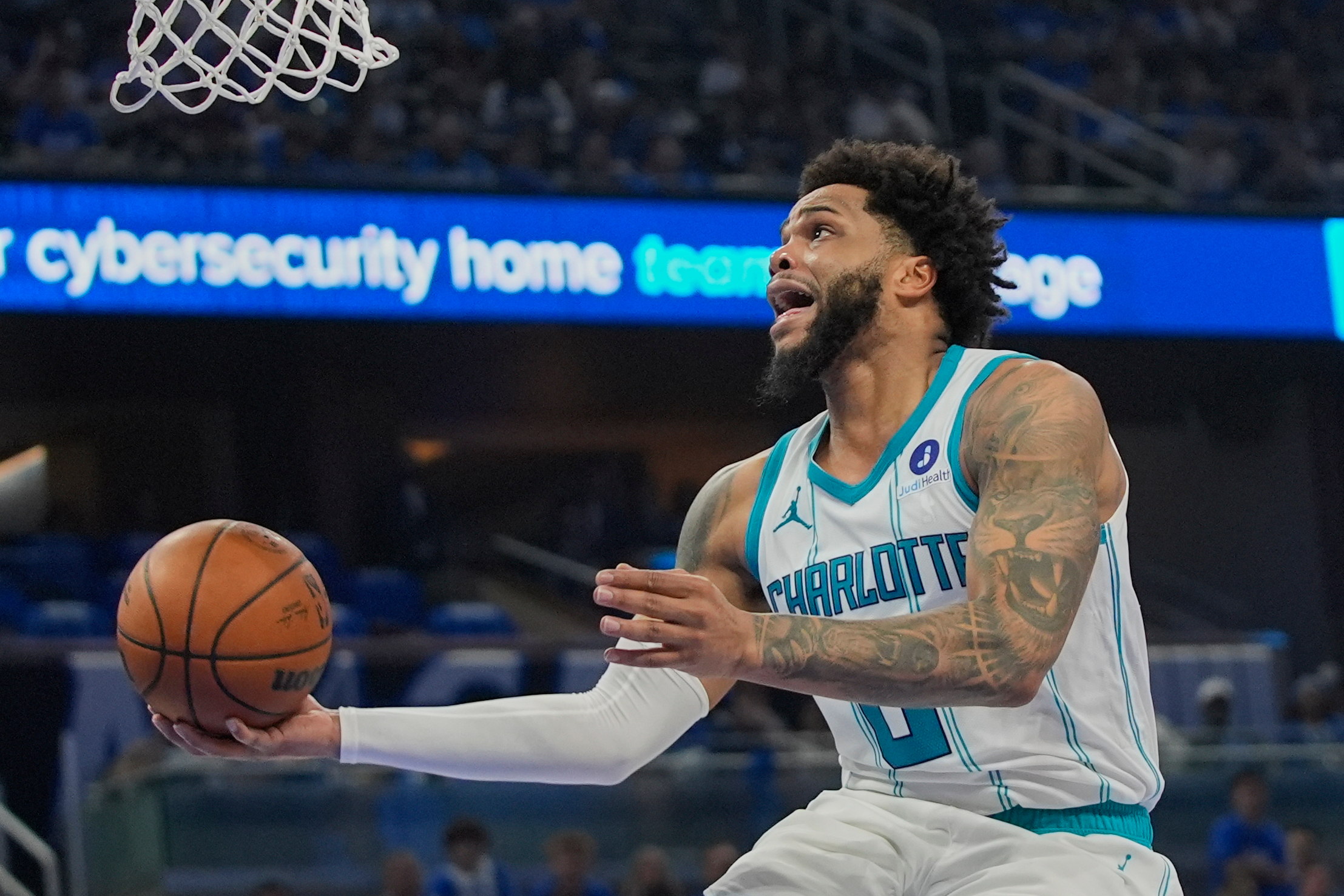 FILE - Charlotte Hornets forward Miles Bridges makes a shot against the Orlando Magic during the second half of an NBA play-in tournament basketball game, Friday, April 17, 2026, in Orlando, Fla. 