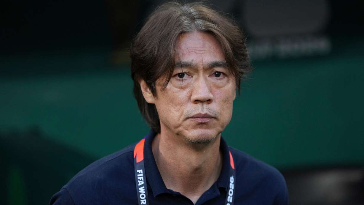 South Korea head coach Hong Myung-bo looks on ahead the World Cup Group A soccer match between South Africa and South Korea in Guadalupe, near Monterrey, Mexico, Wednesday, June 24, 2026.