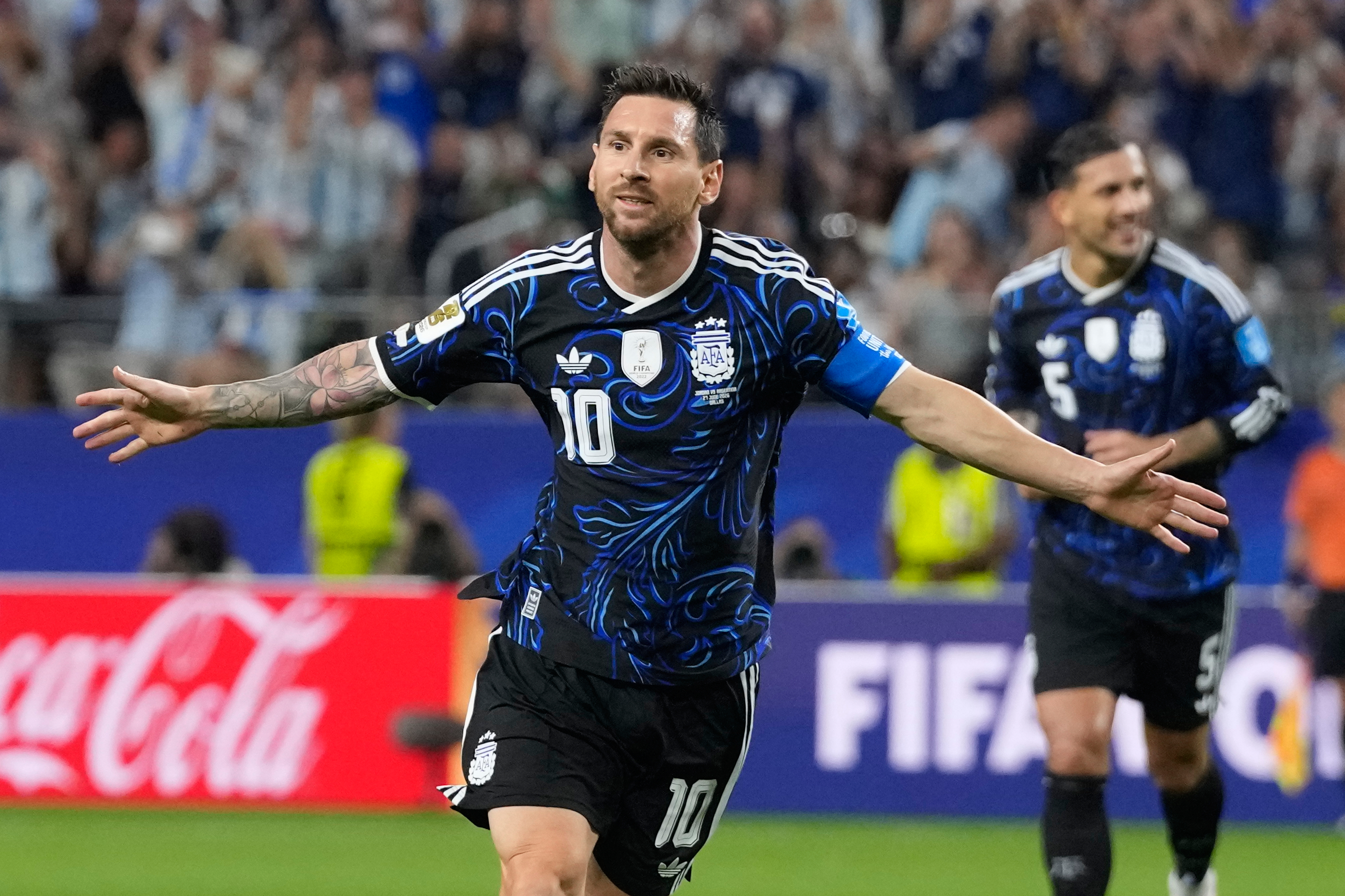 Argentina's Lionel Messi (10) celebrates scoring his side's 3rd goal during the World Cup Group J soccer match between Jordan and Argentina in Arlington, Texas, near Dallas, Saturday, June 27, 2026. 